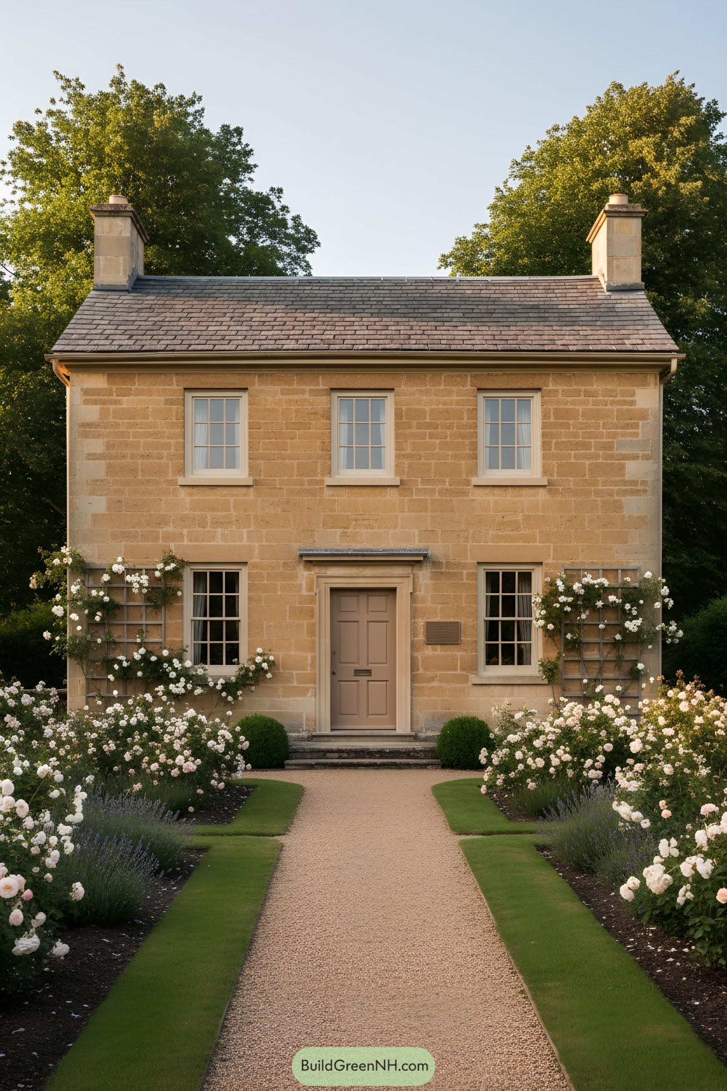 Two-story stone cottage with central door and manicured flower borders