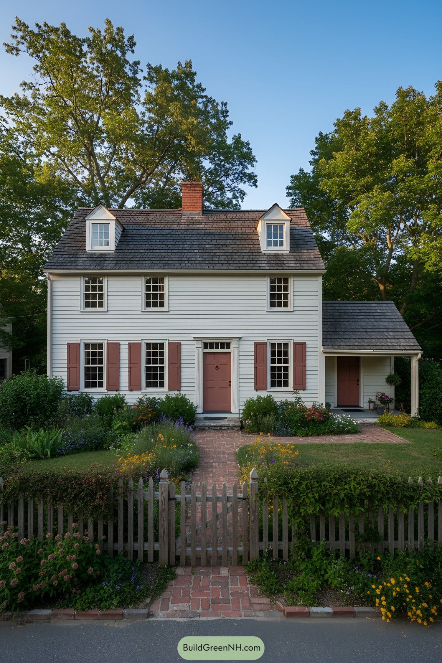 White clapboard cottage with red shutters and dormers