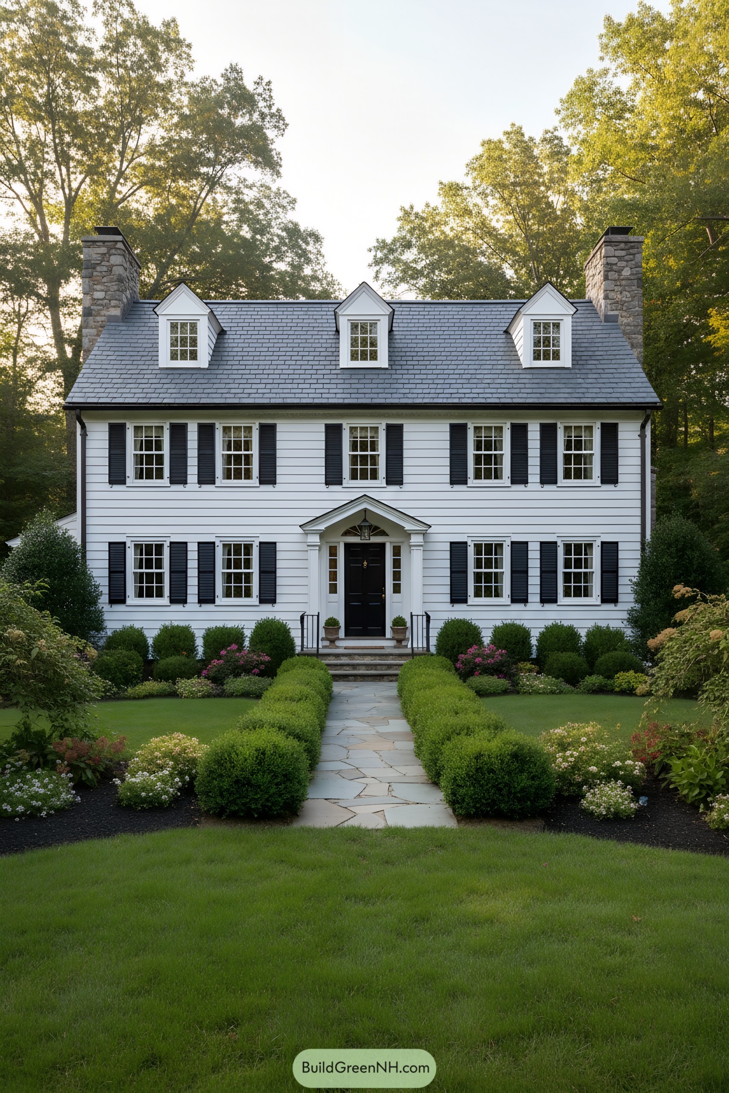 White clapboard colonial with black shutters, dormers, and stone chimneys