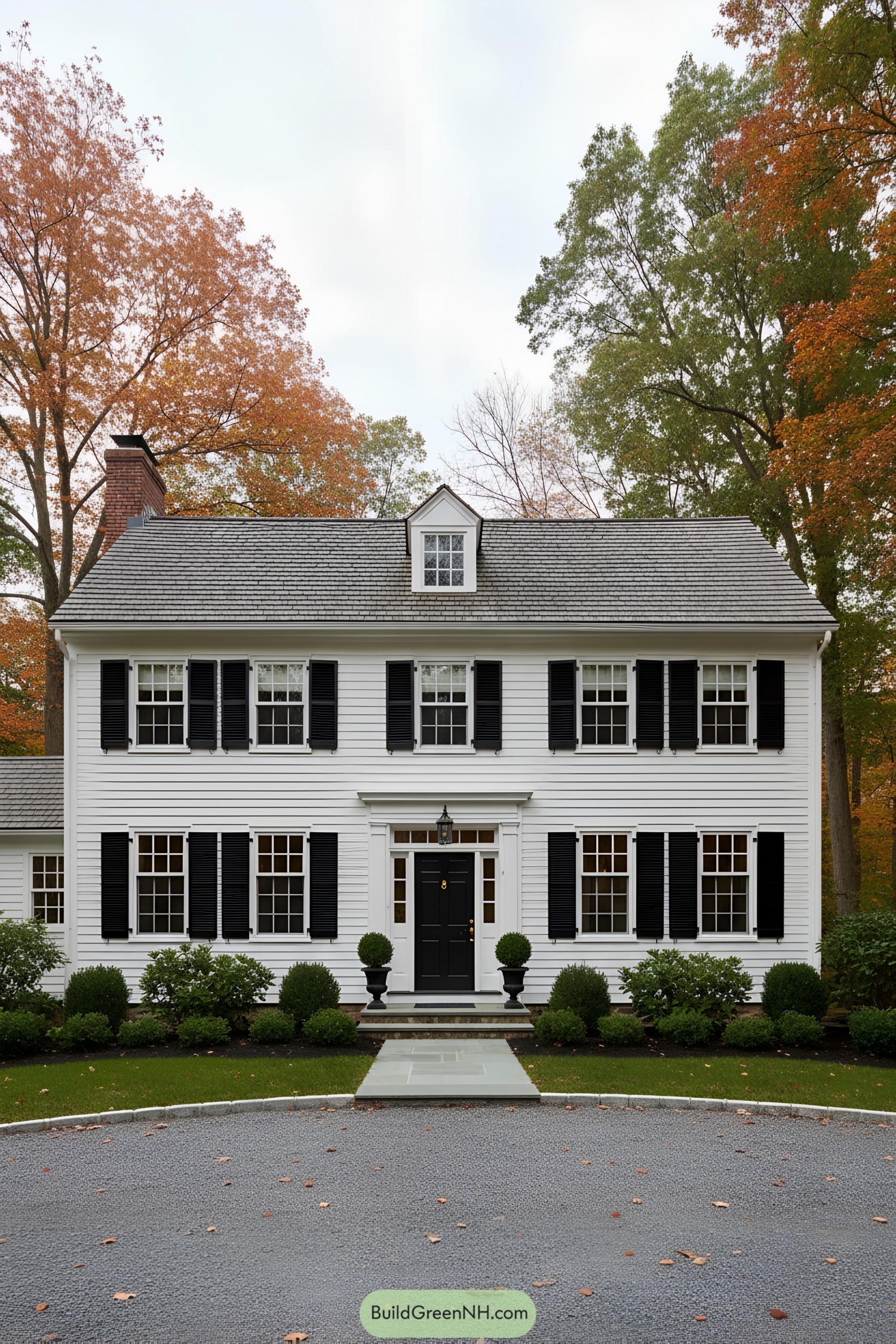 White clapboard colonial with black shutters