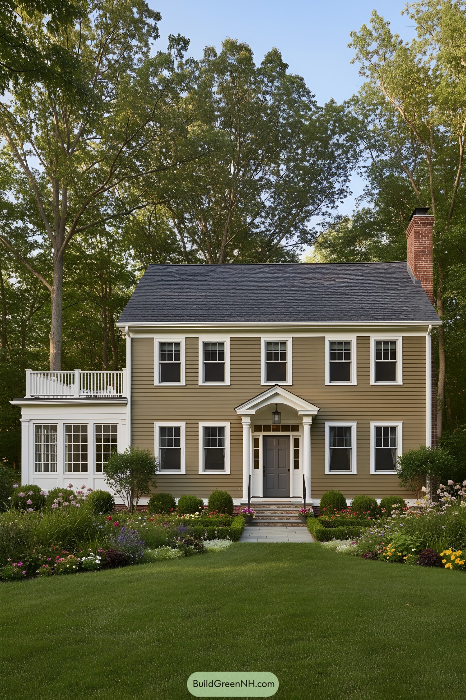 Two-story colonial cottage with central portico and symmetrical windows, tan clapboard siding, and white trim