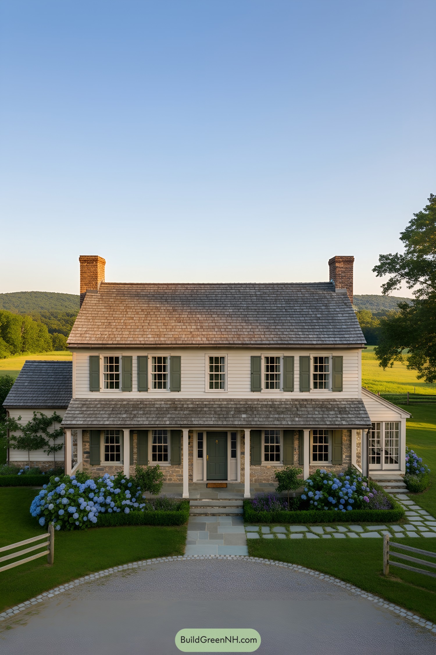 Two-story colonial farmhouse with cedar-shingle roof, twin brick chimneys, stone base, white clapboard, green shutters, and a full front porch