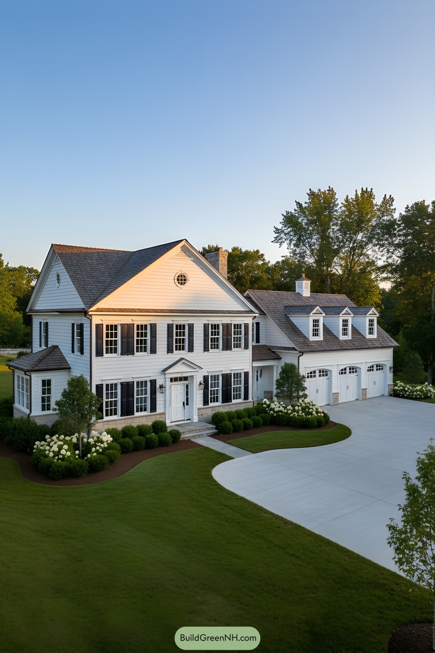 White clapboard colonial farmhouse with cupola and black shutters