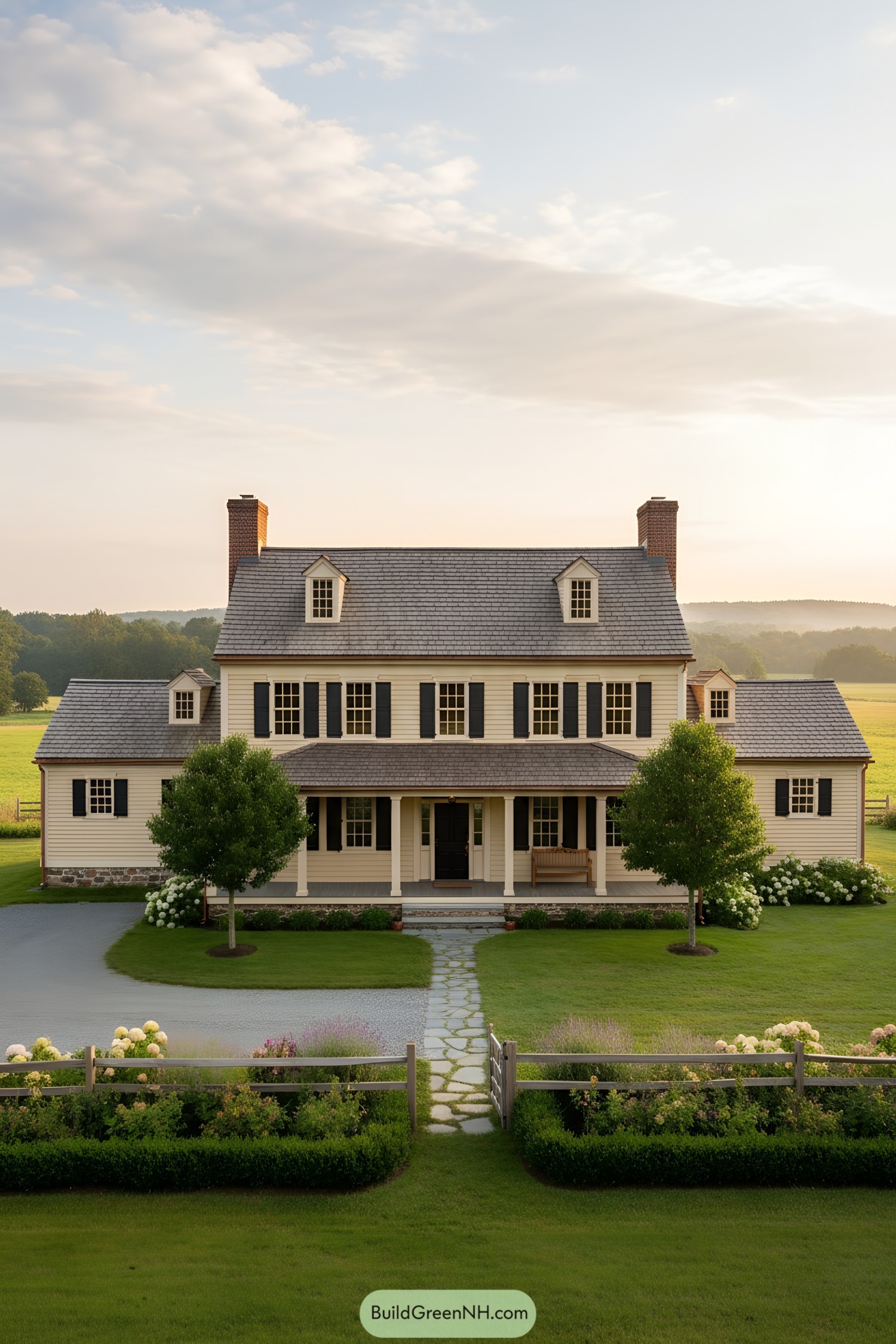 Cream clapboard farmhouse with black shutters, central porch, twin chimneys, and three roof dormers set amid manicured lawns