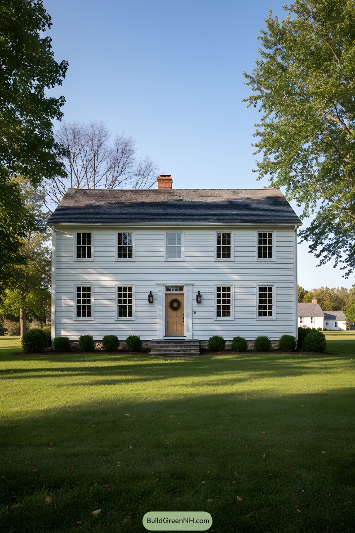 Two-story white colonial farmhouse with centered door and symmetrical windows on a manicured lawn