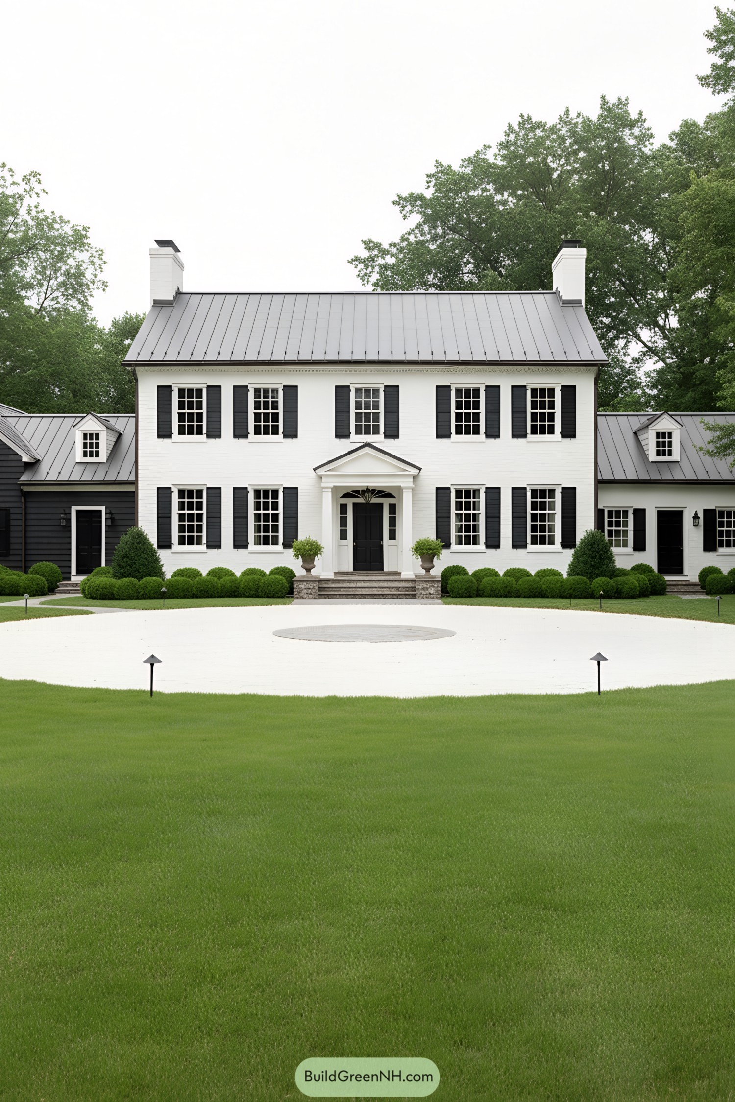 White colonial farmhouse with black shutters and a gray metal roof