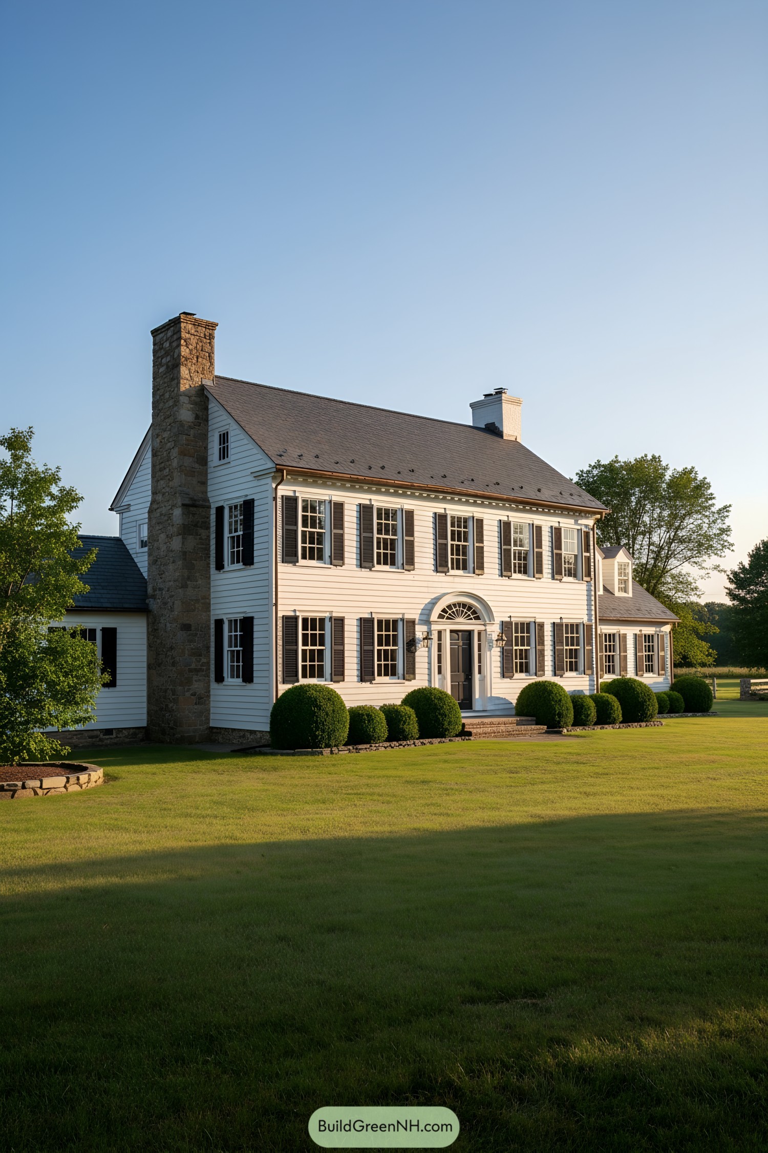 White clapboard colonial with stone chimney, black shutters, and arched entry