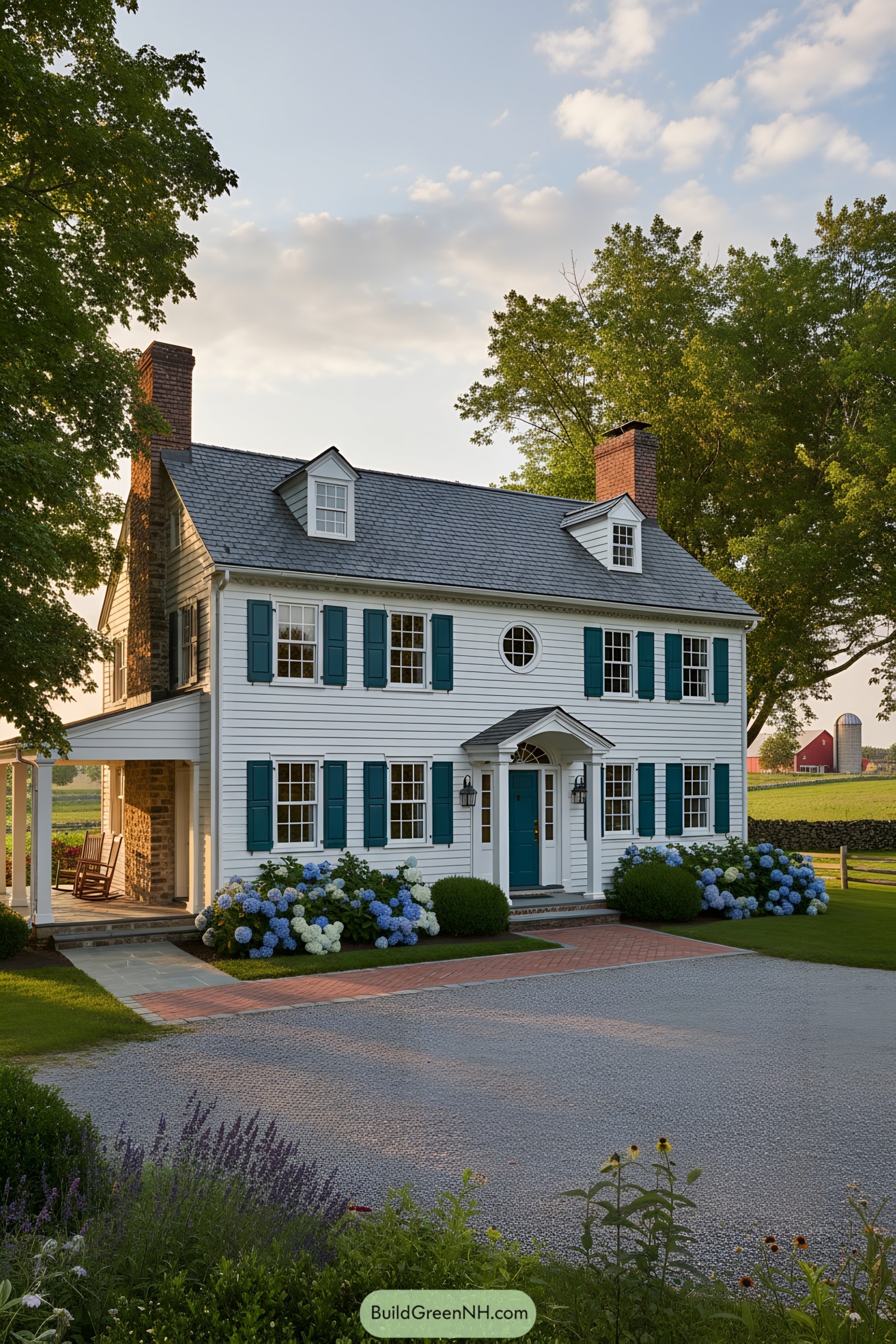 White clapboard farmhouse with teal shutters, dormers, and twin brick chimneys