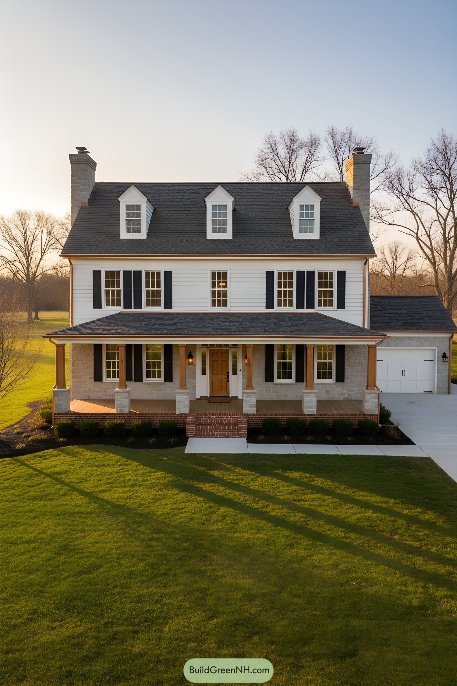 Colonial farmhouse with dormers, wraparound porch, and brick base