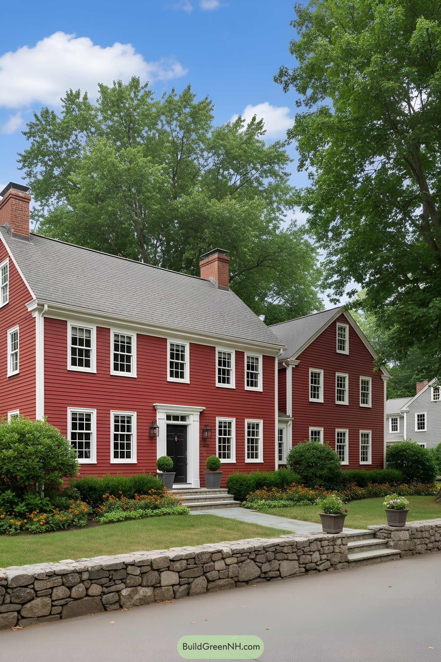Classic red colonial farmhouse with white trim