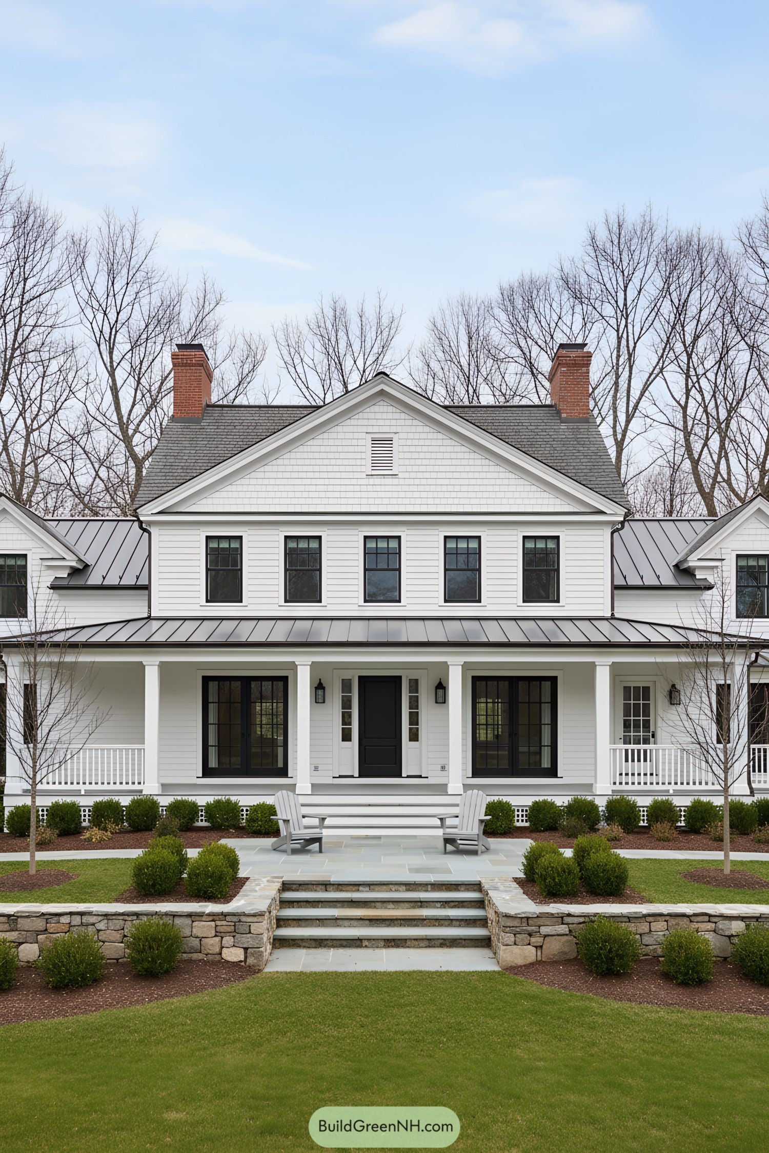 White clapboard colonial farmhouse with metal porch roof, black windows, twin chimneys, and a broad front veranda