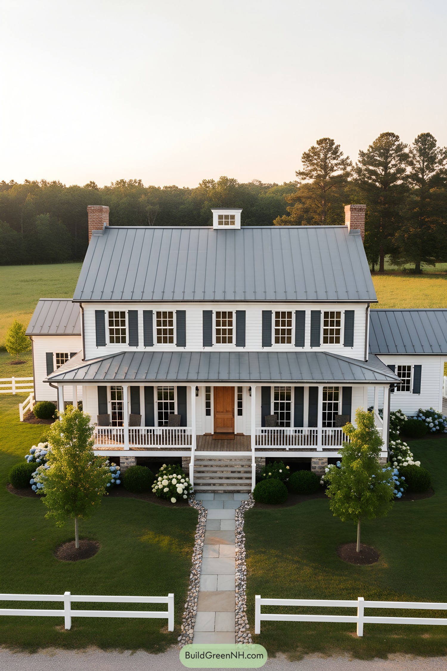 White colonial farmhouse with gray metal roof, cupola, front porch, and dark shutters