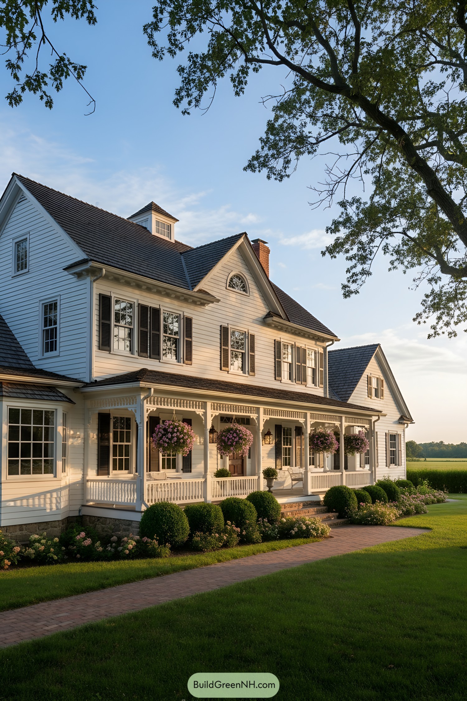 White clapboard farmhouse with deep front porch and hanging flower baskets