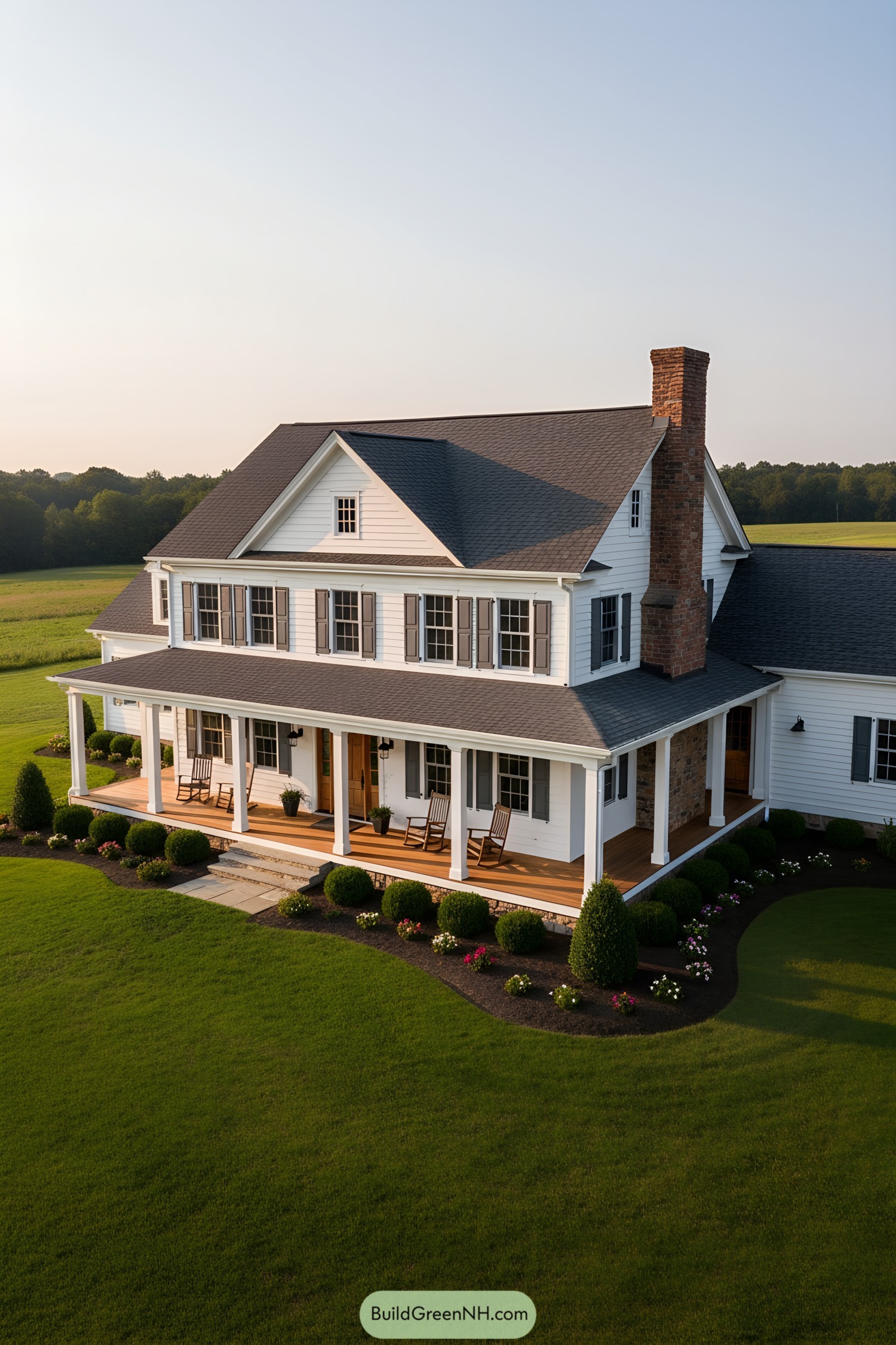 White clapboard farmhouse with gray roof, shutters, wraparound porch, and brick chimney in a green field