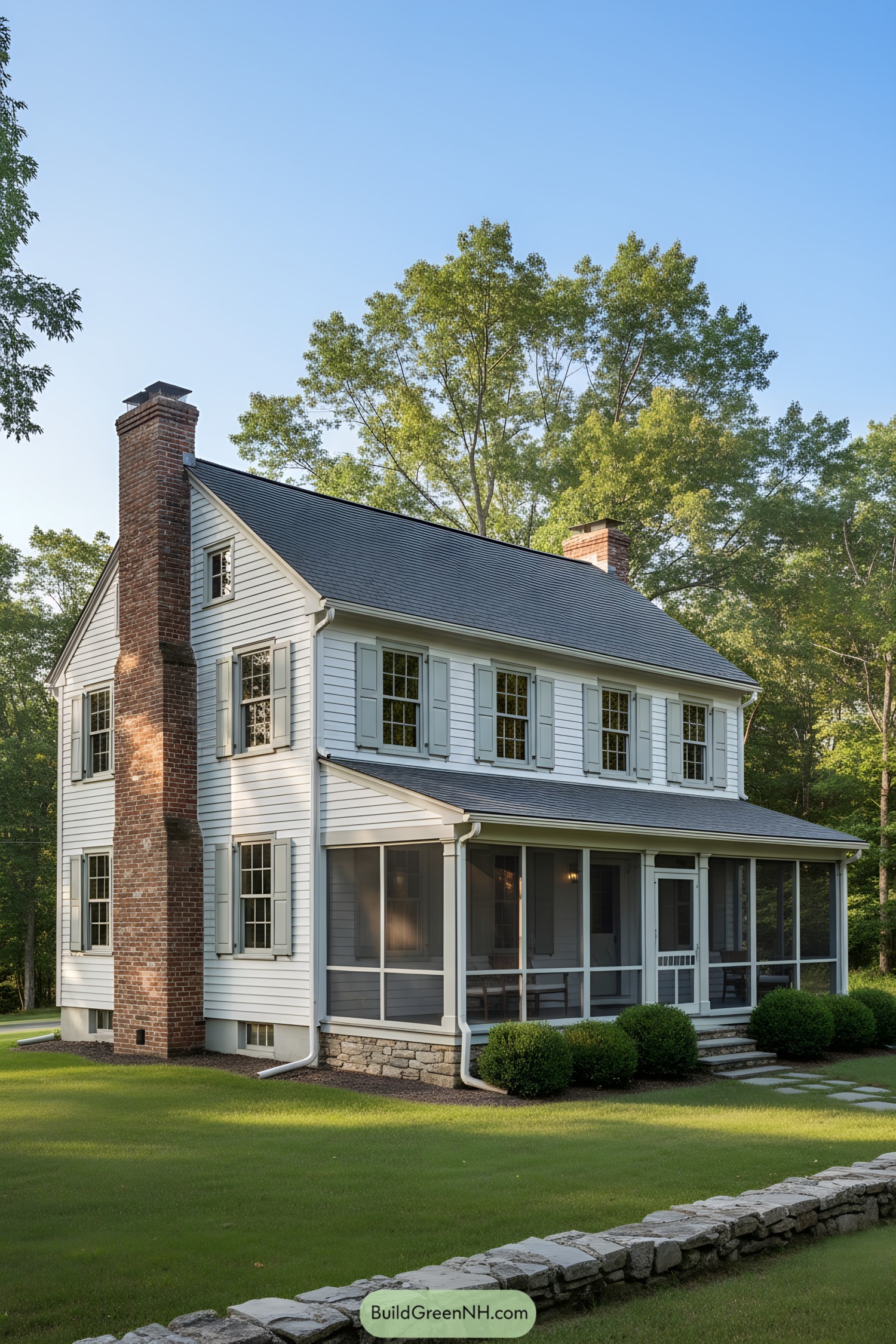 White clapboard farmhouse with screened porch and brick chimneys