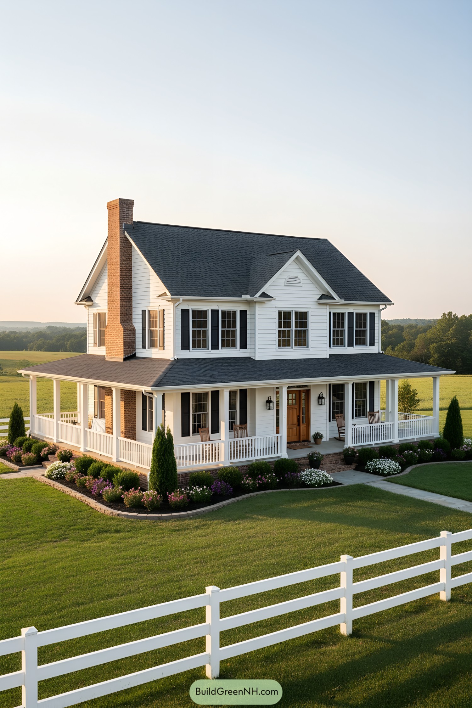 White two-story farmhouse with wraparound porch