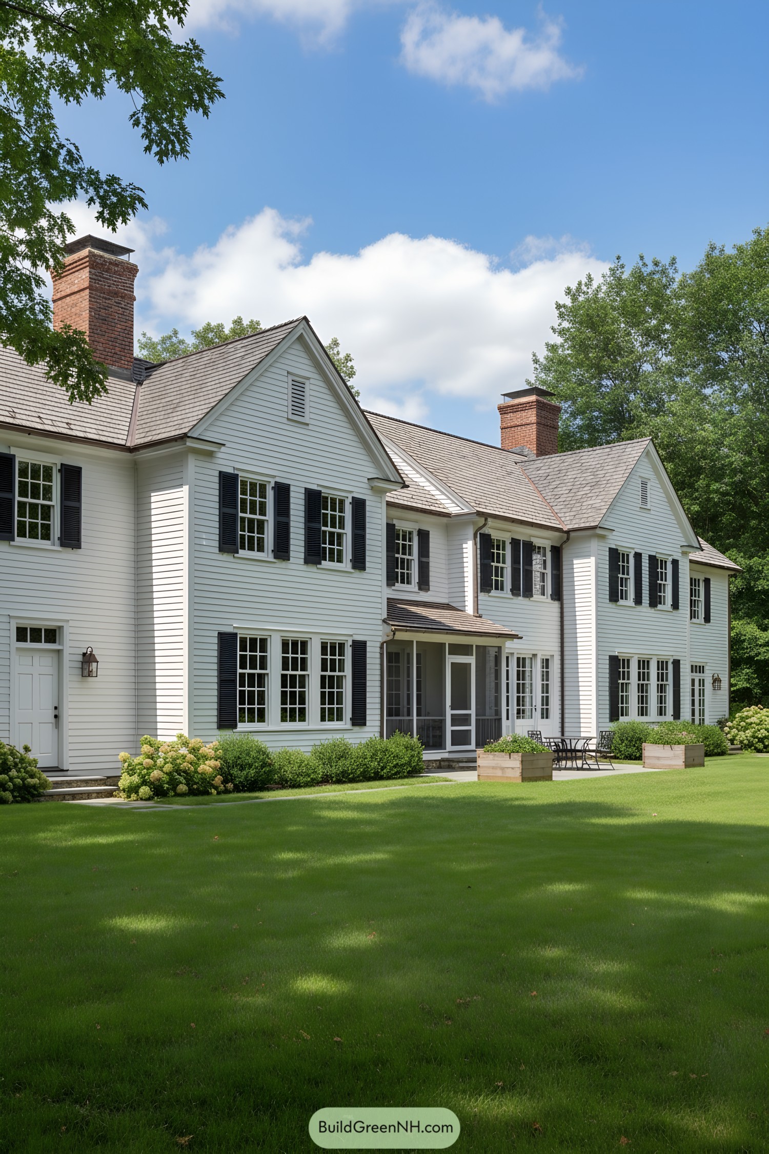 White clapboard farmhouse with black shutters and twin brick chimneys