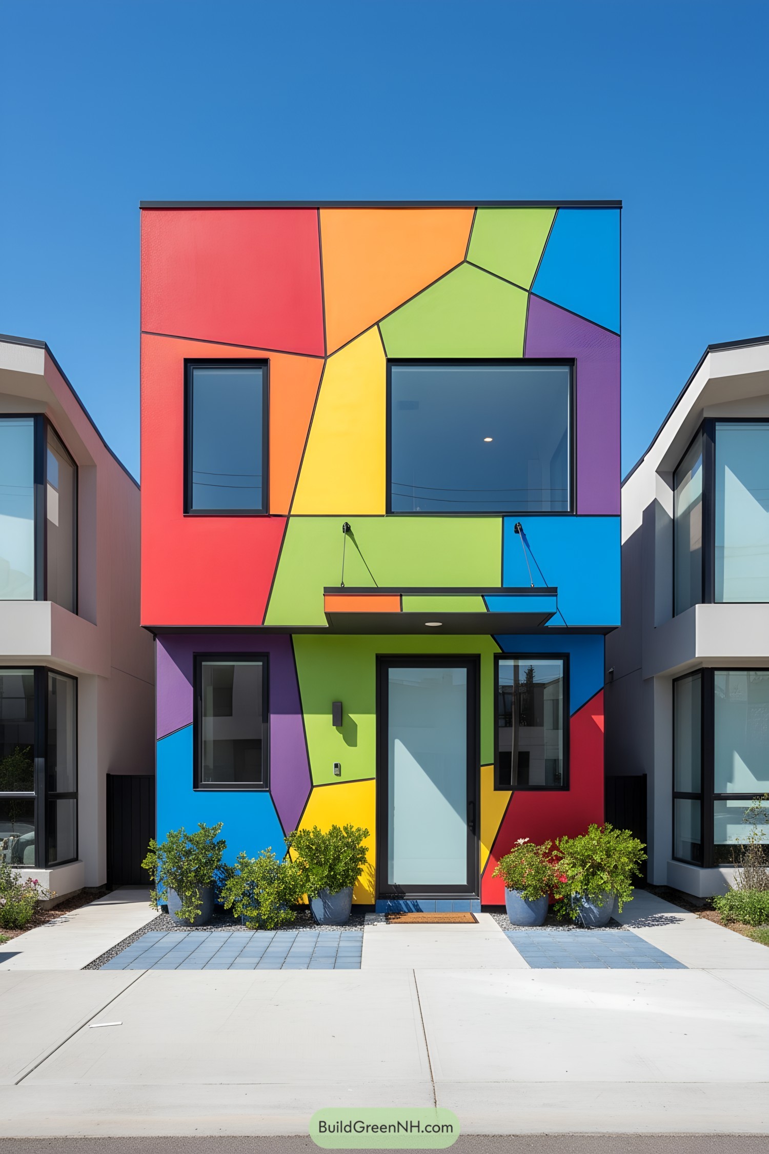 Modern house facade with multicolor geometric panels, black seams, large inset windows, and a frosted glass door