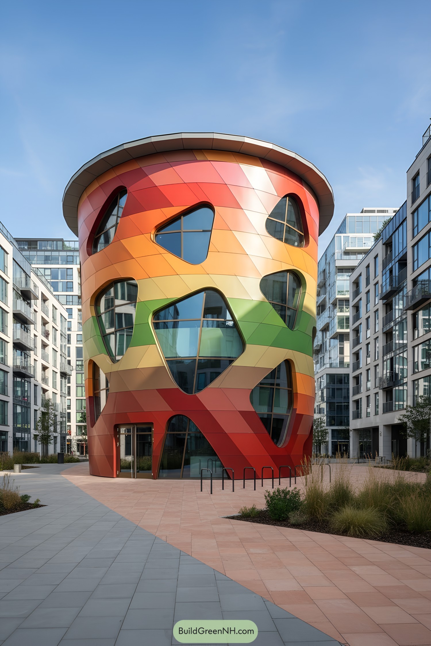 Rounded building with gradient panels and irregular windows