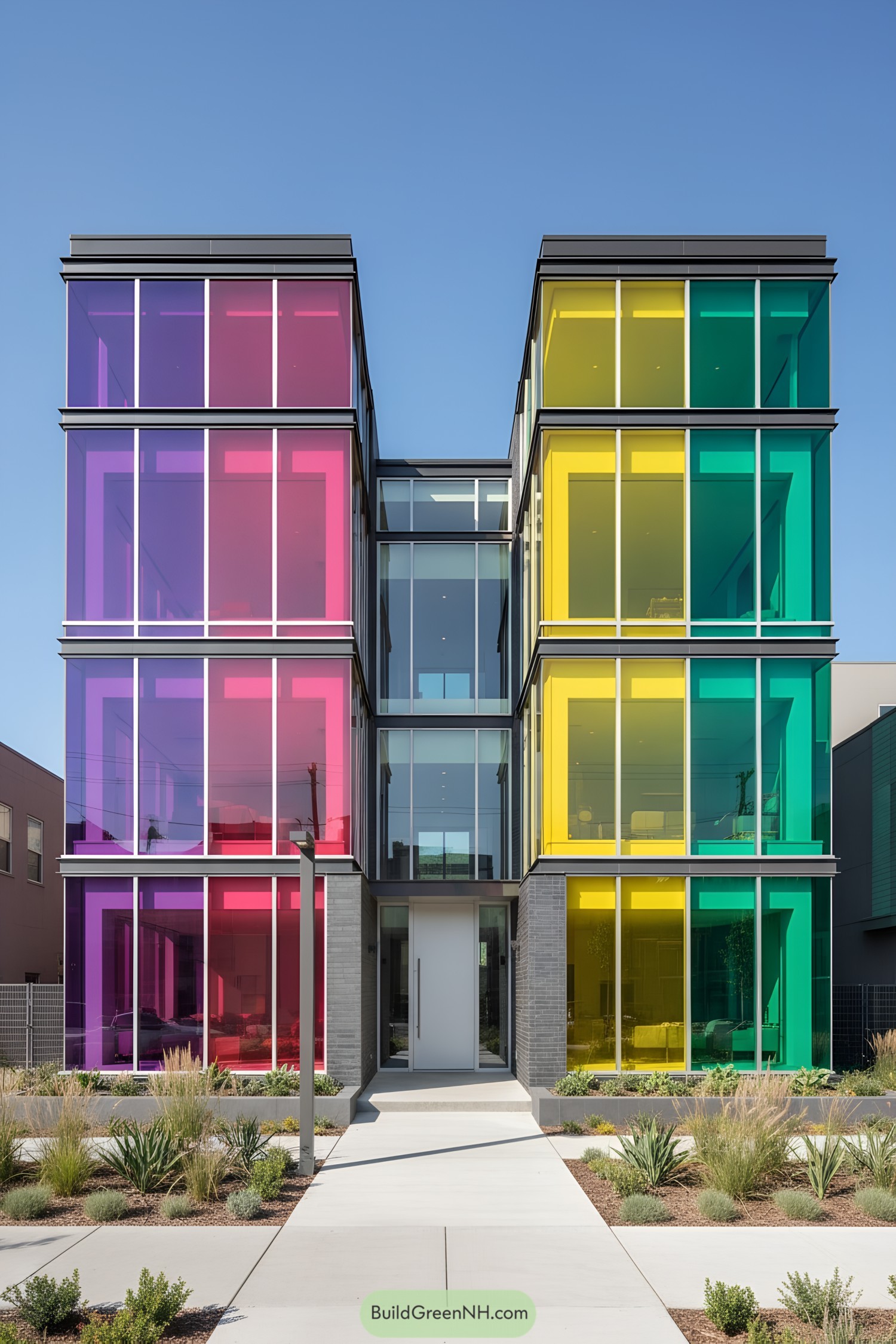 Modern house with bright tinted glass panels and central atrium
