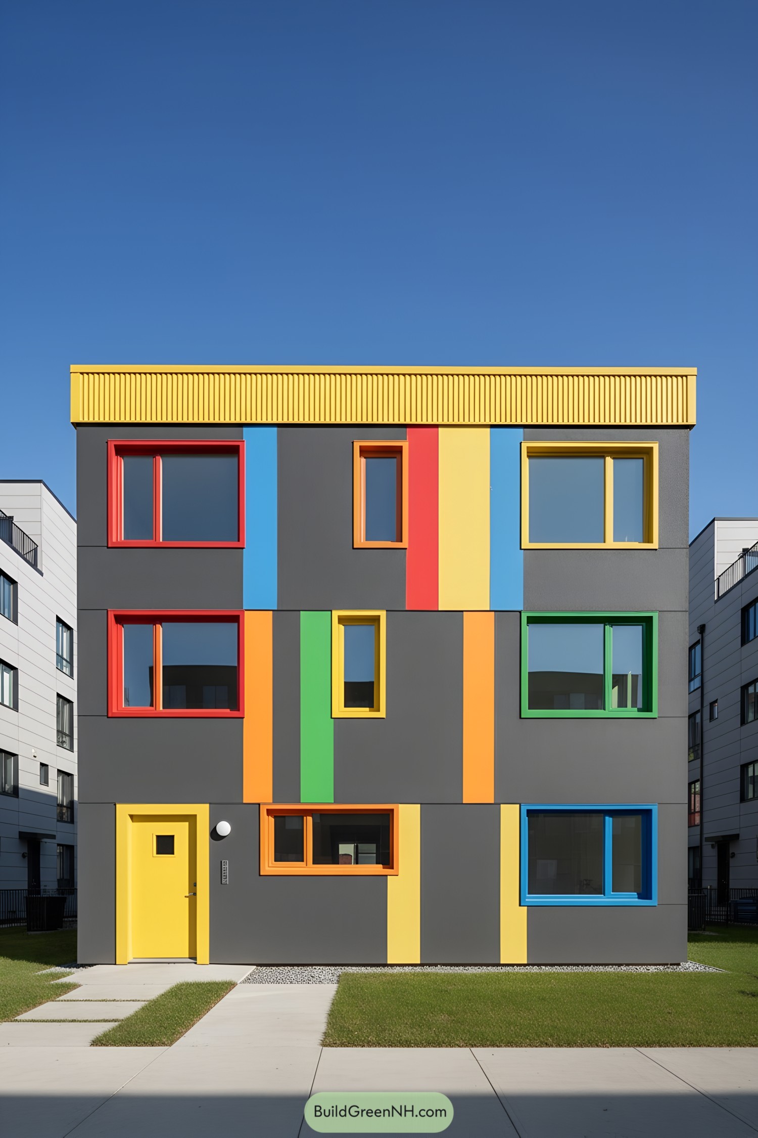 Dark gray boxy house with vertical color stripes and bold window frames