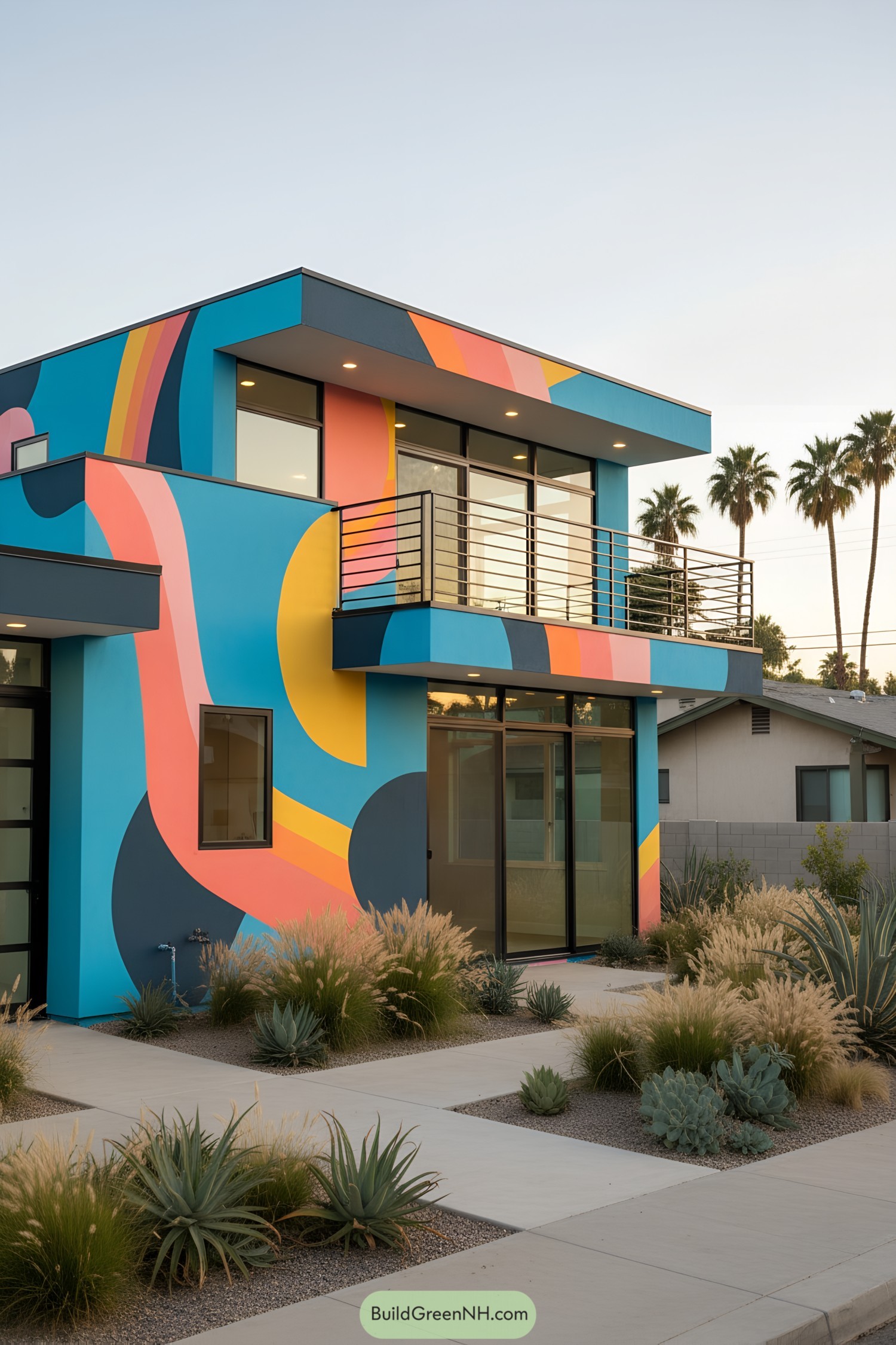 Two-story modern home with colorful curved mural and metal balcony