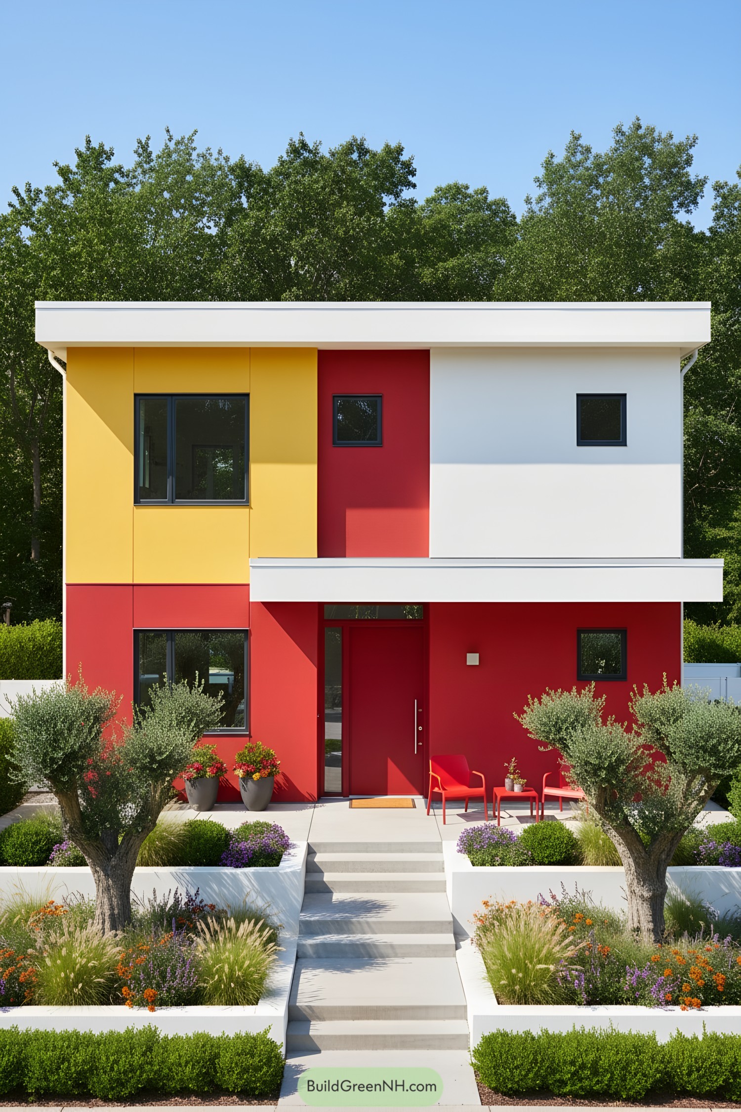 Two-story modern facade in red, yellow, and white panels with black-framed windows and a flat roof, framed by terraced planters