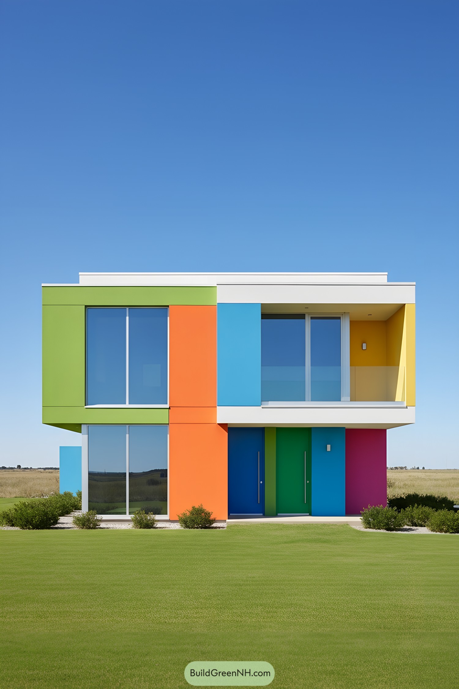Two-story color-block modern house with white bands and cantilevered balcony