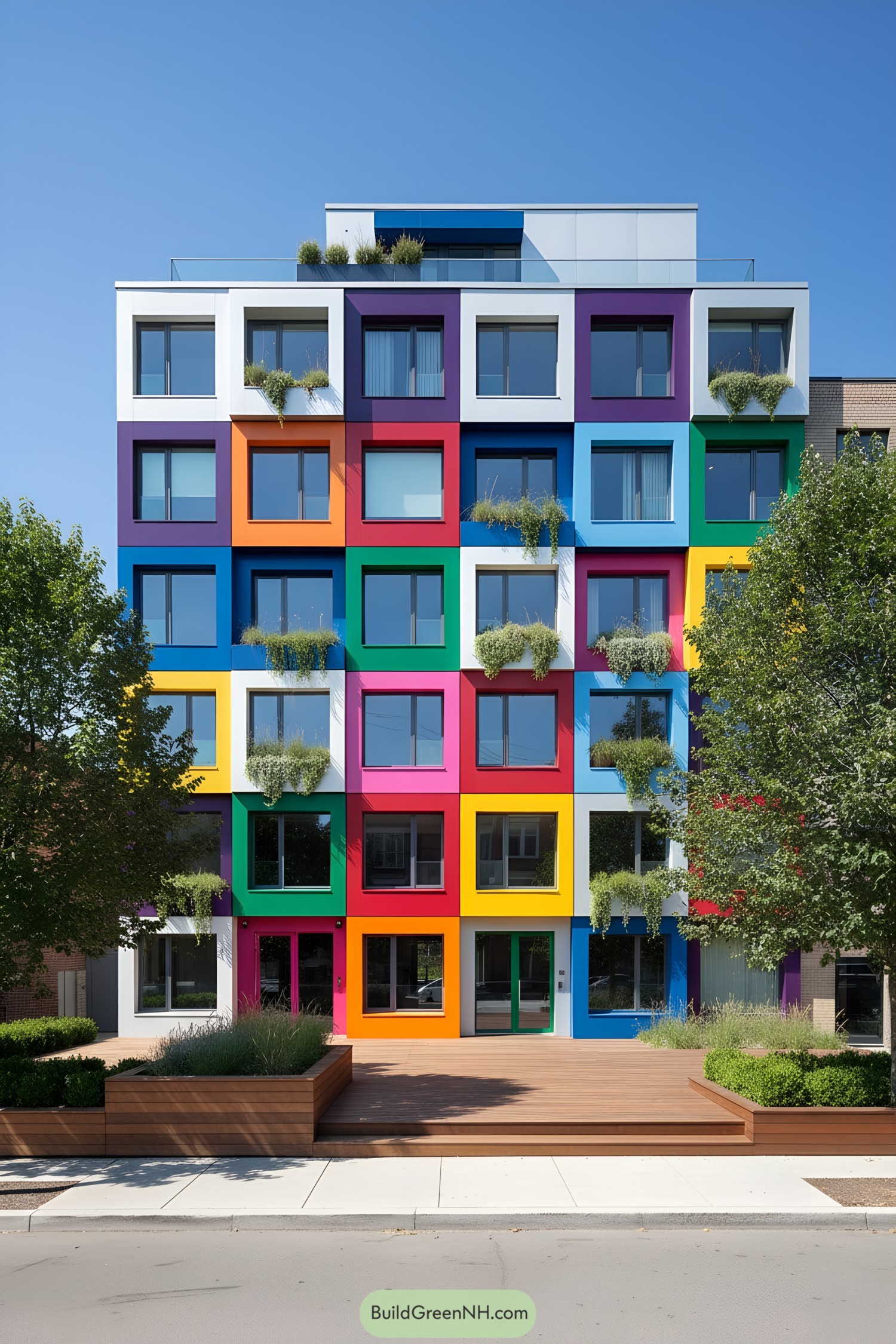 Color-blocked modular facade with square windows and planters