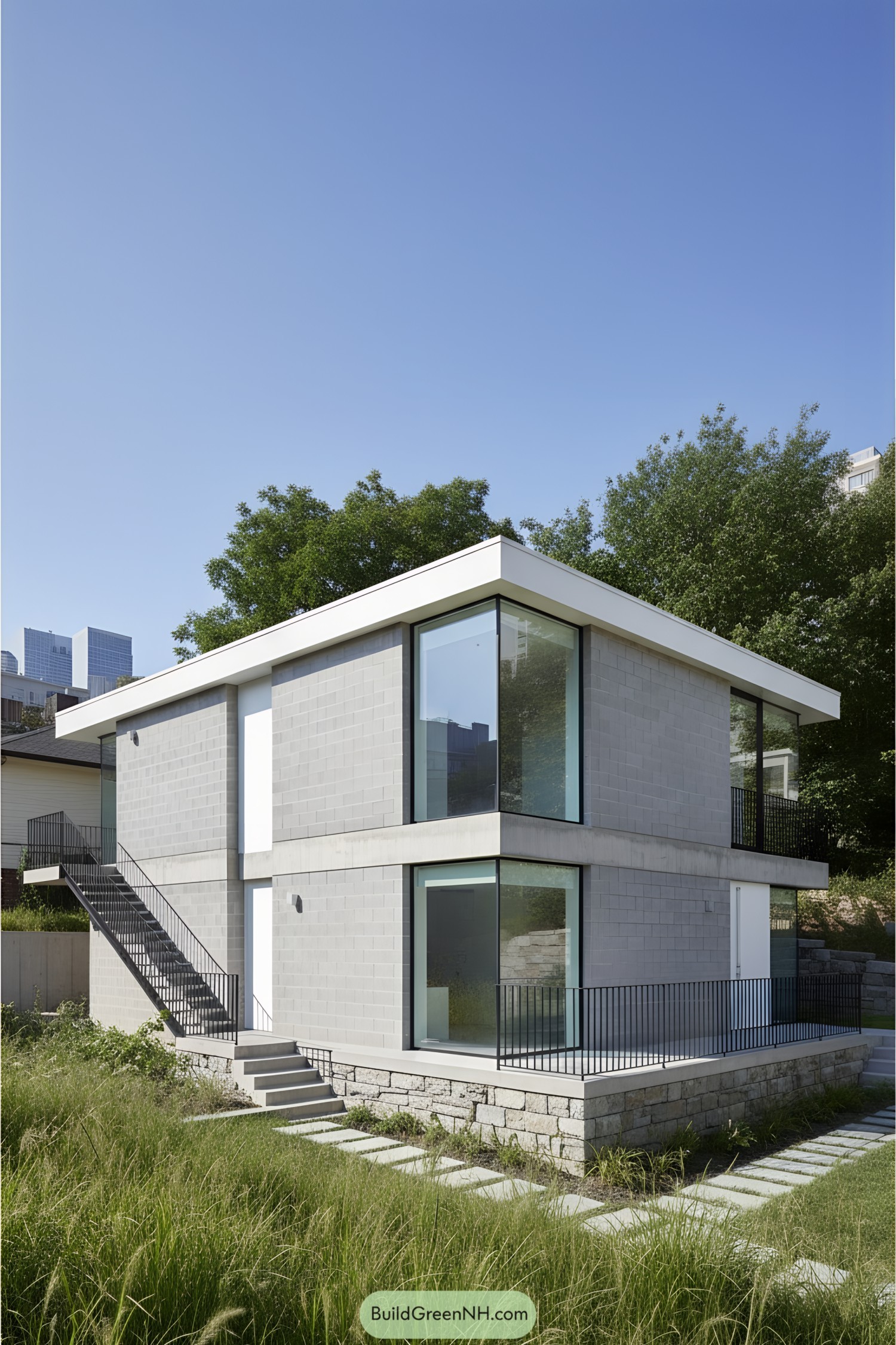 Modern two-story concrete block house with large windows