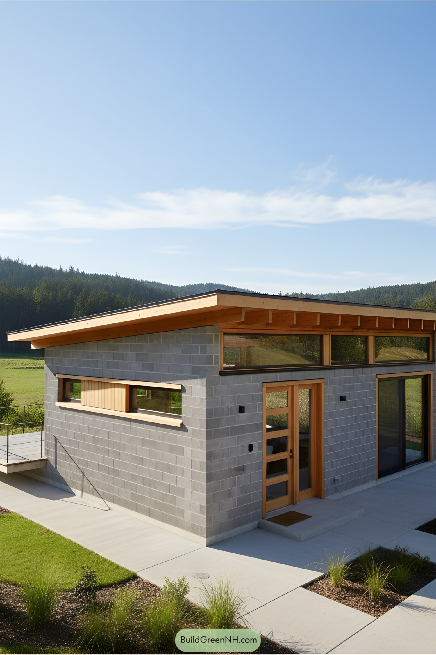 Modern concrete block house with a sloping roof