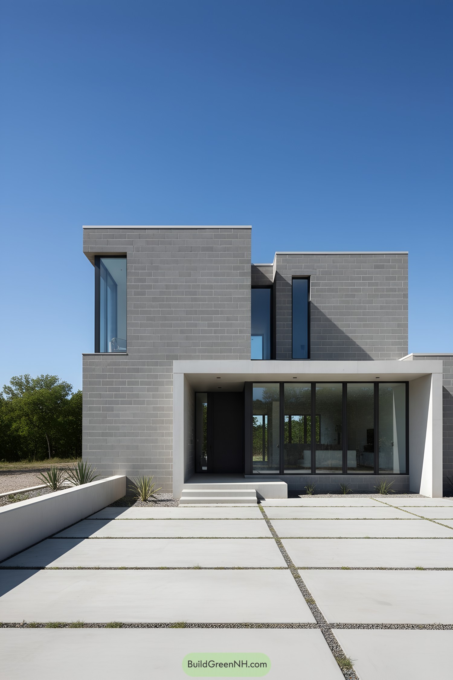 Modern concrete block house under a bright blue sky