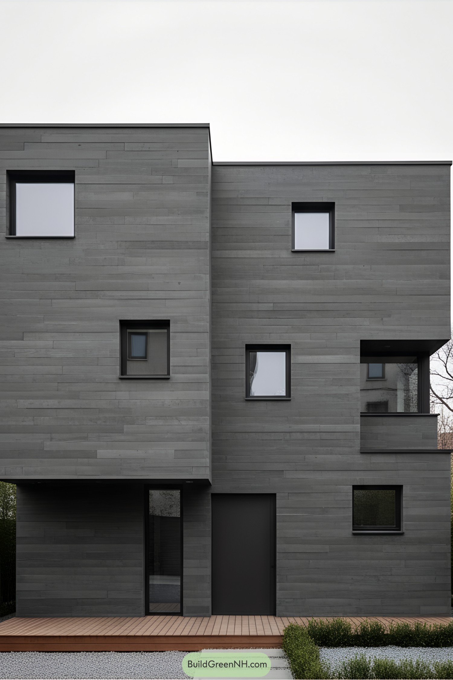 Modern concrete house facade with geometric windows