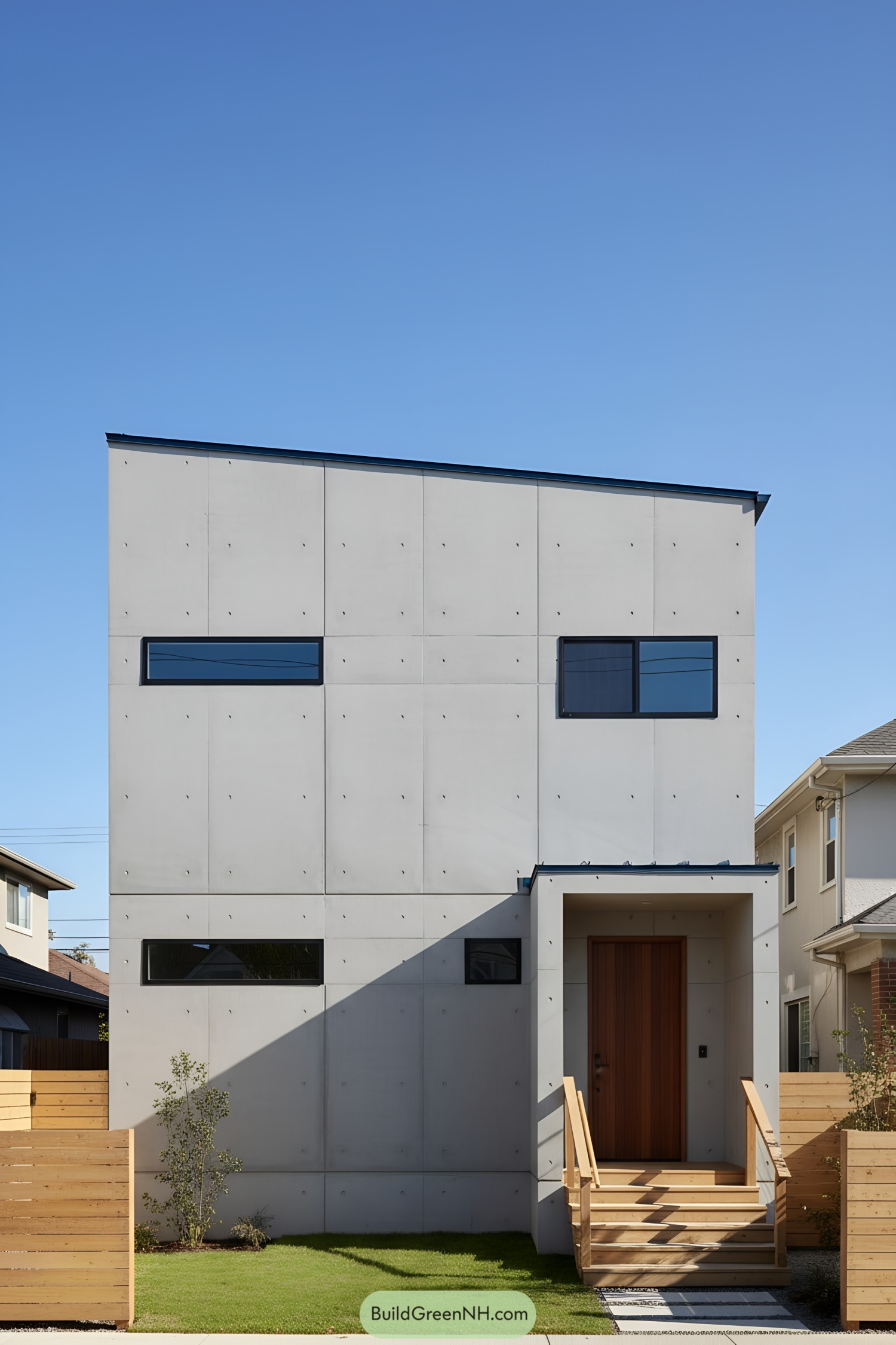 Modern concrete house with a wooden entryway and geometric design