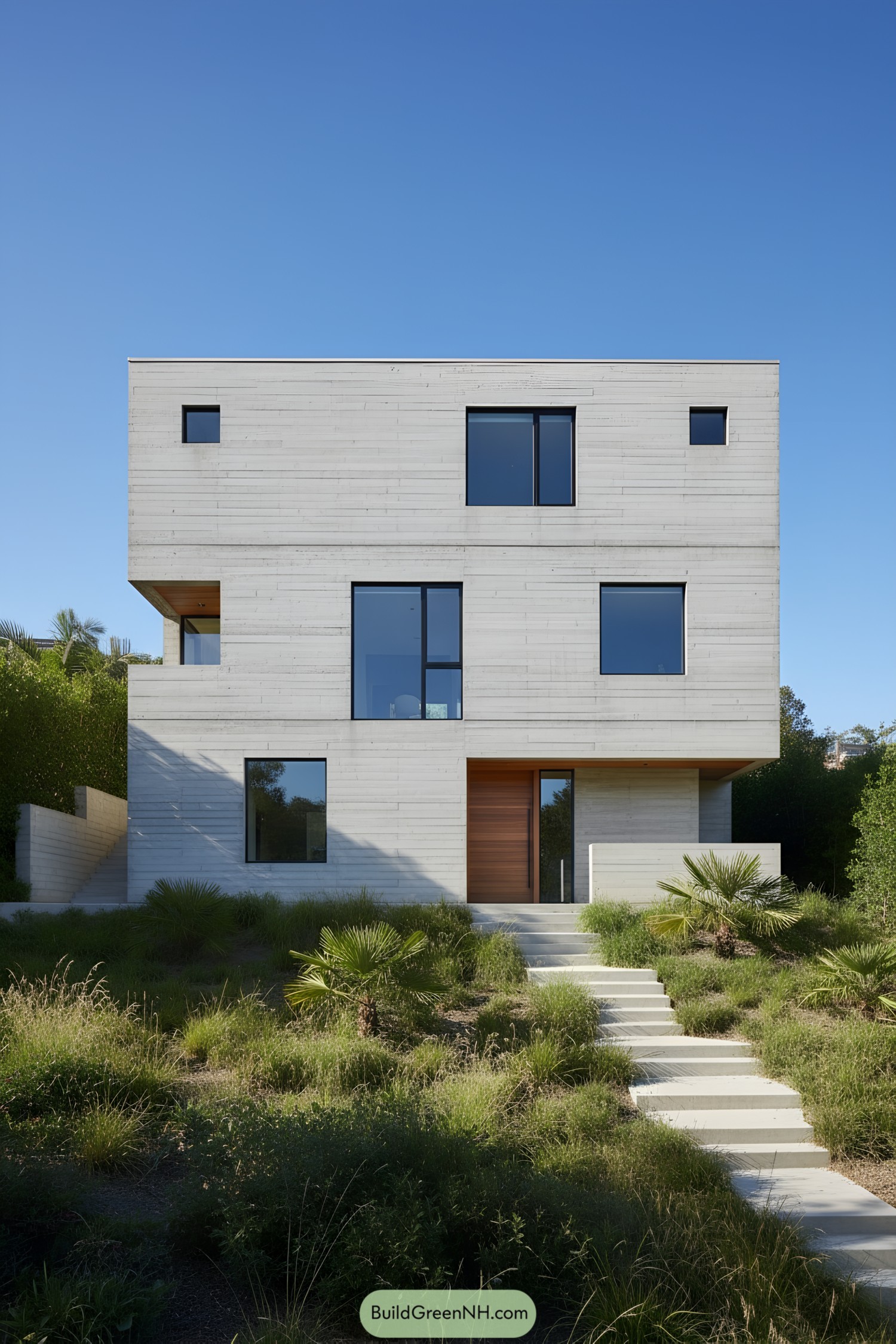Sleek concrete house with surrounding greenery