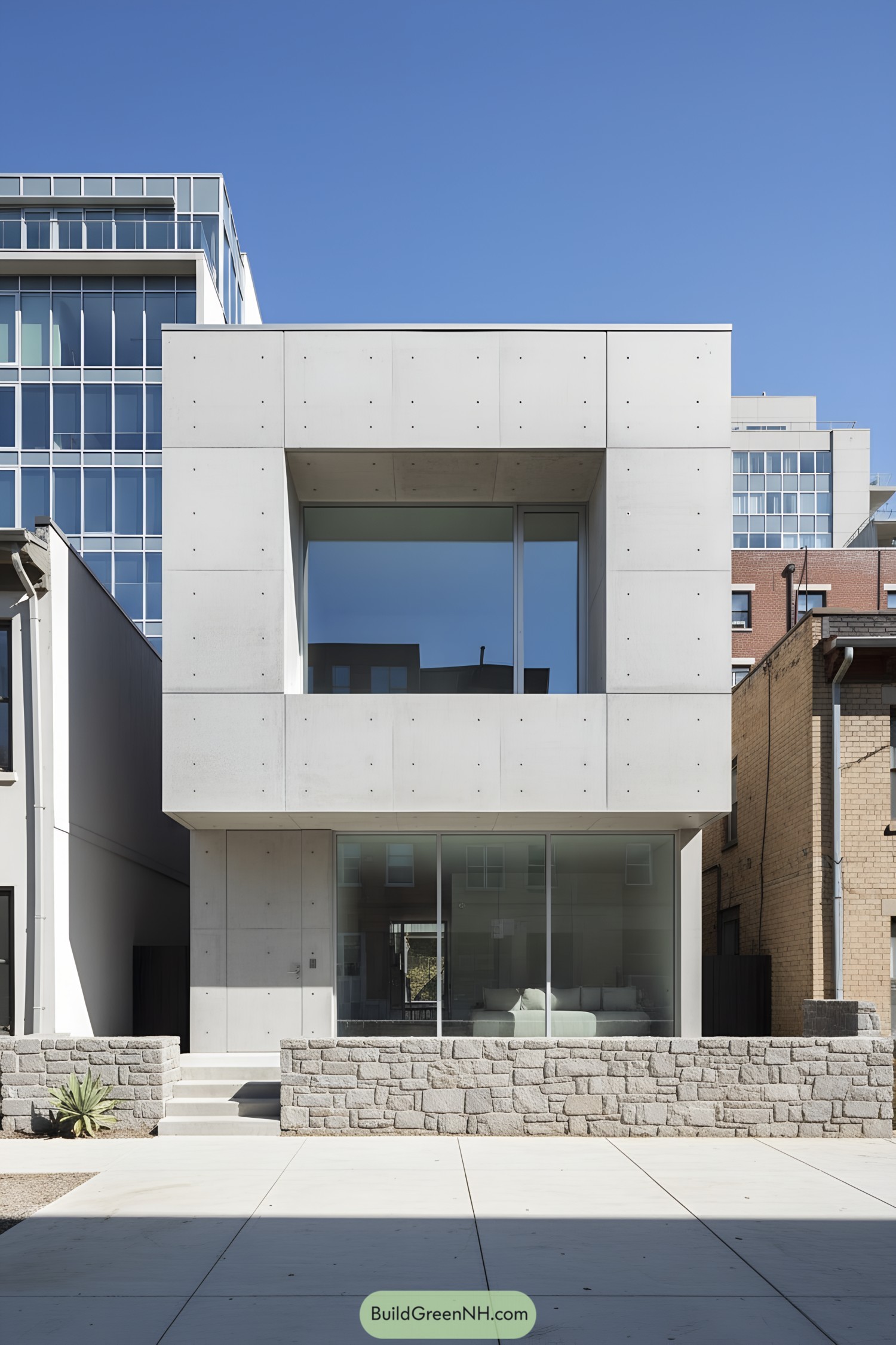 Minimalist concrete facade house with large glass windows