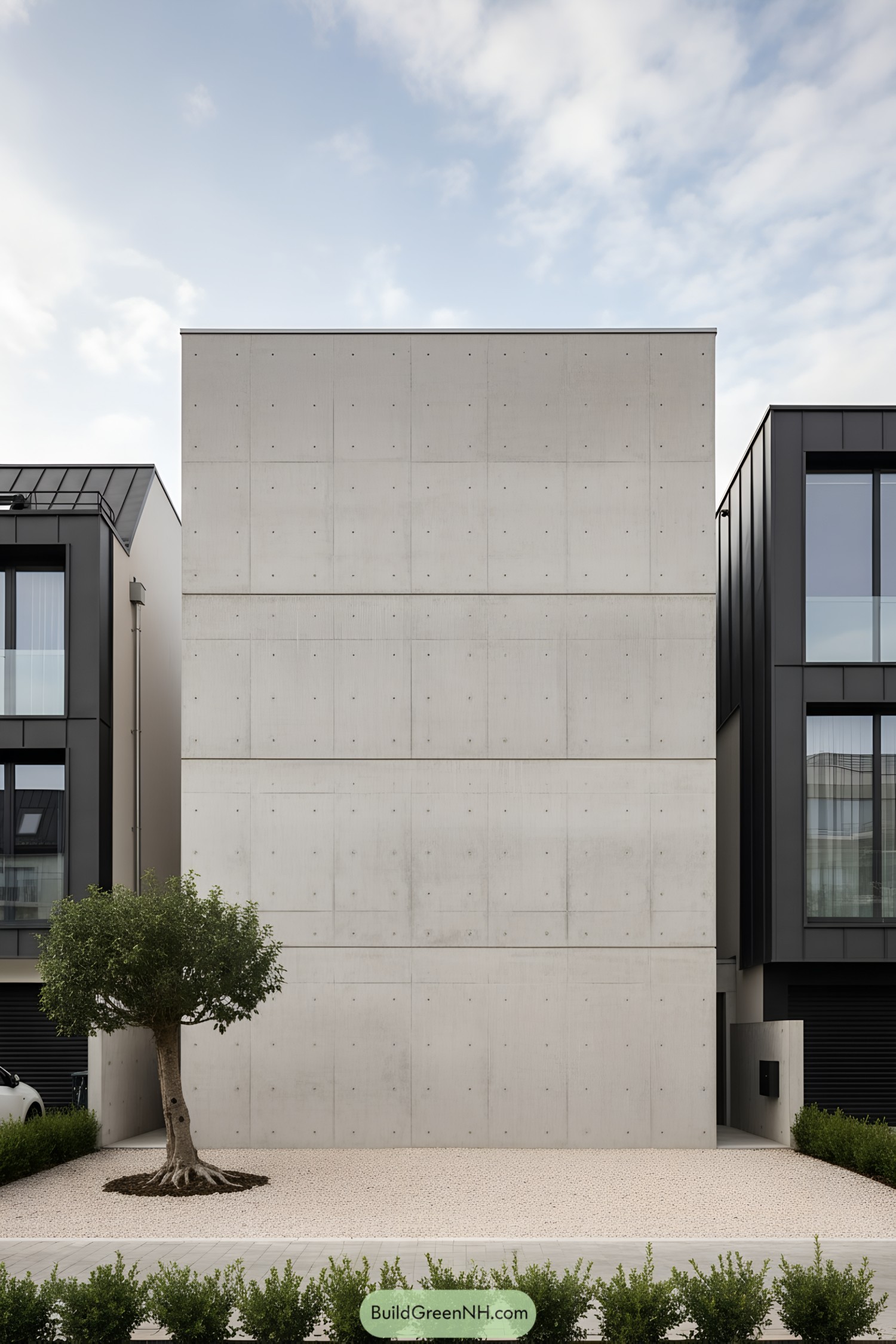 Modern concrete facade with simple landscaping