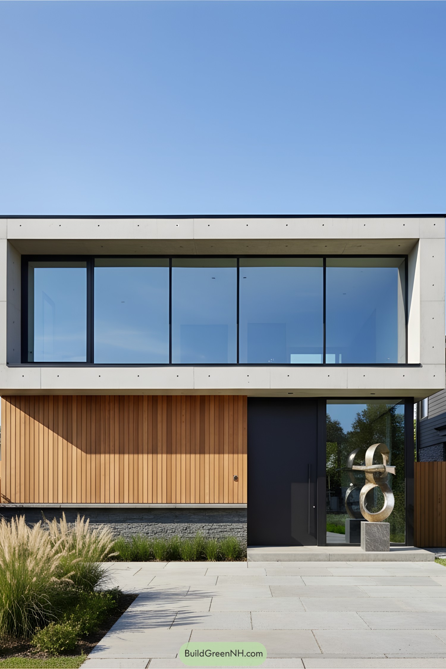 Modern concrete house with large windows and wood accents