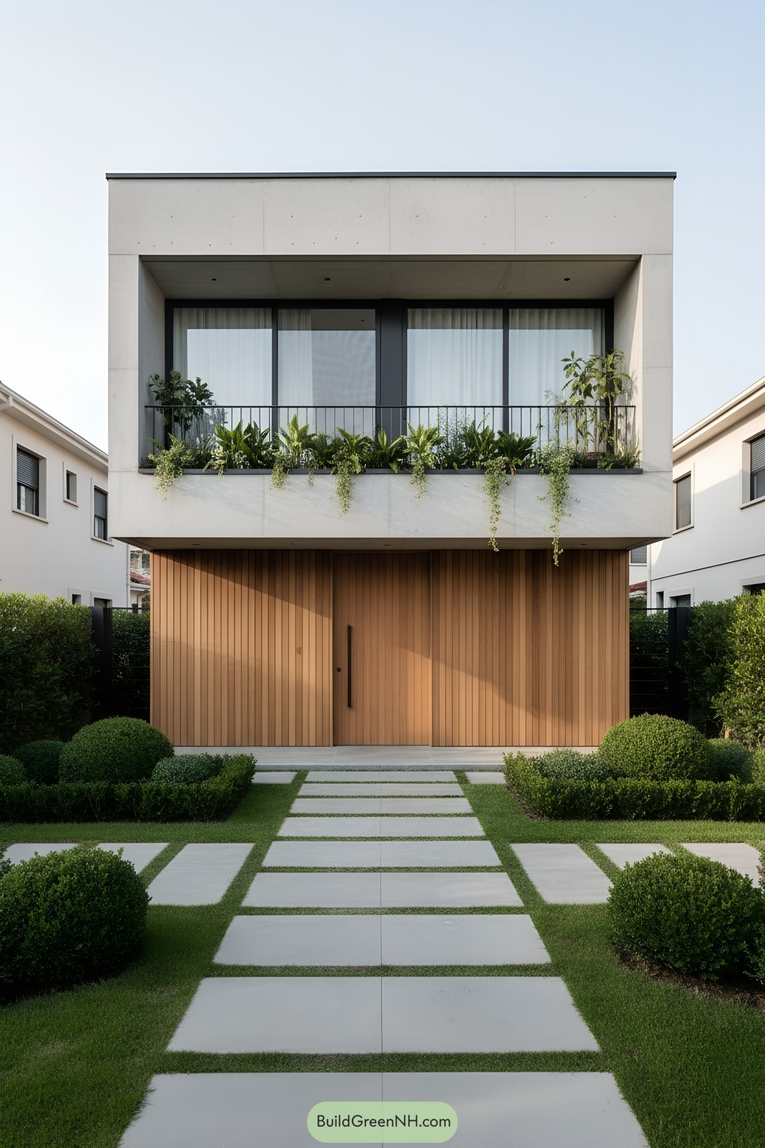 Modern concrete house with wooden accents and lush greenery