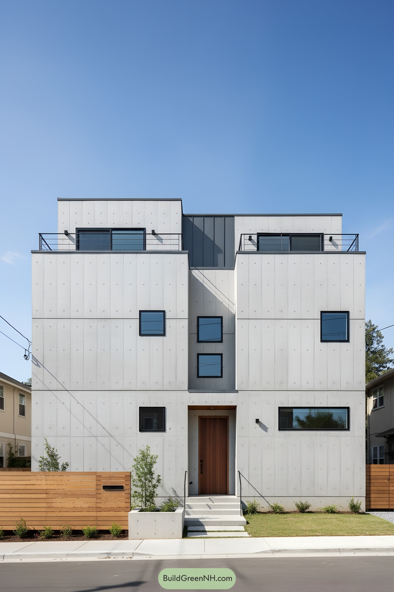 Modern concrete house with square windows and a wooden door