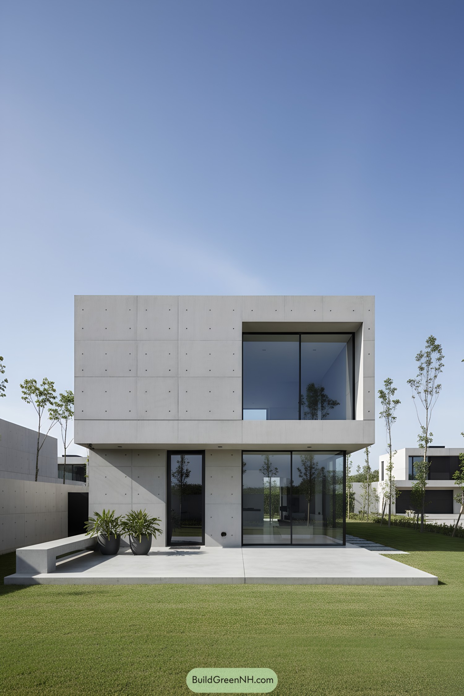 Modern concrete house with large windows and a spacious lawn