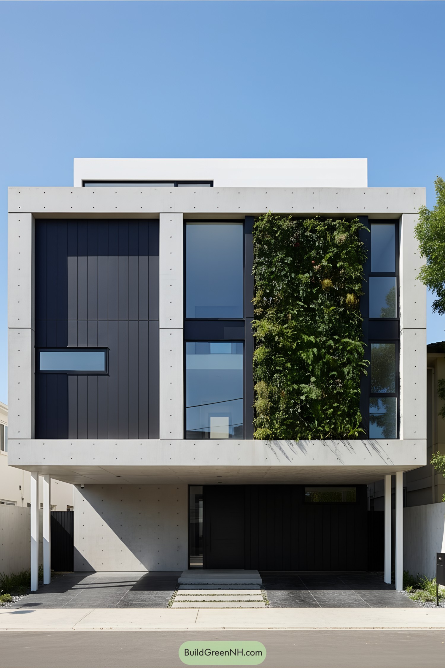 Modern concrete house with vertical garden facade