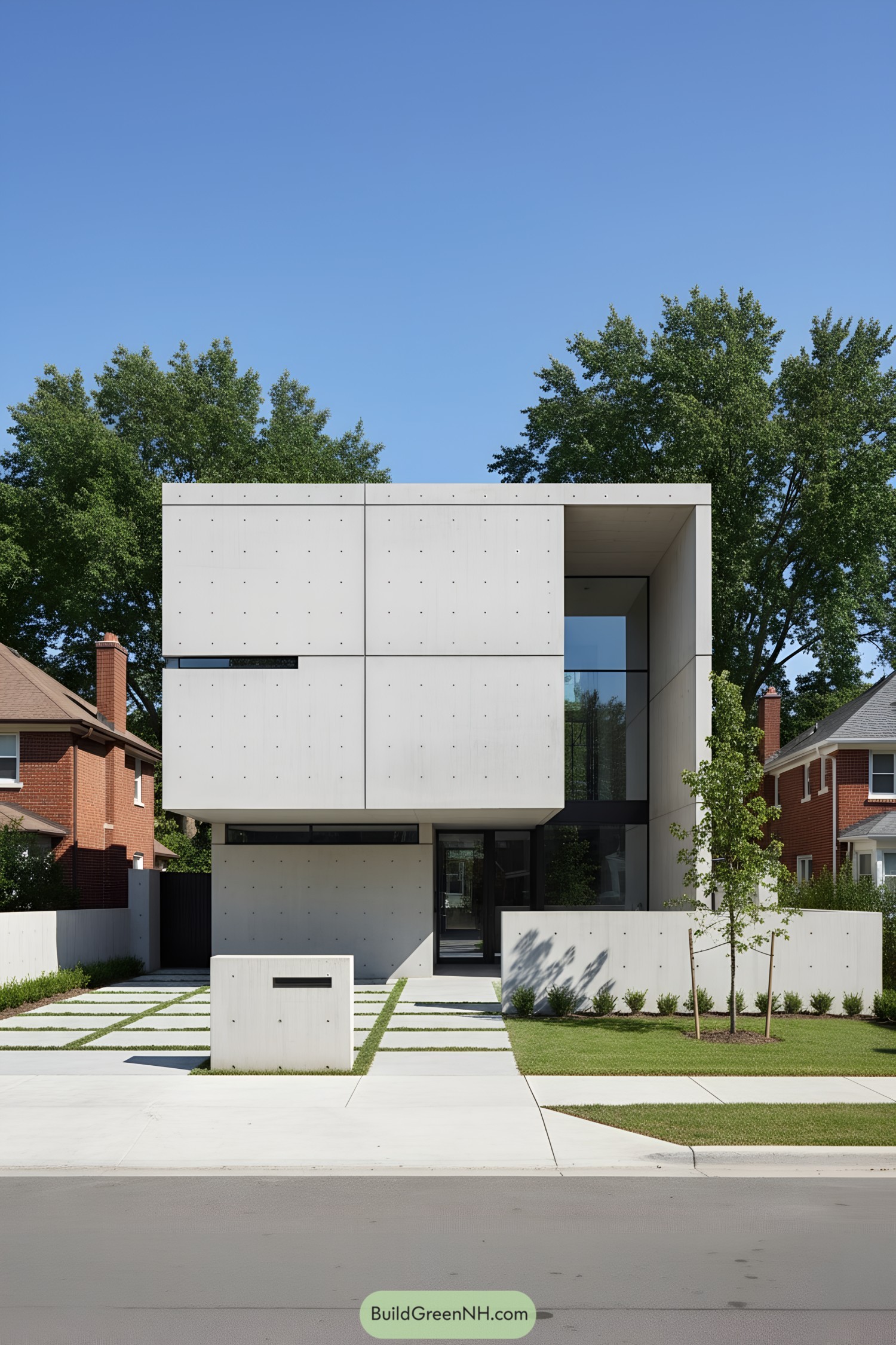 Minimalist concrete cube house with cantilever and glass entry