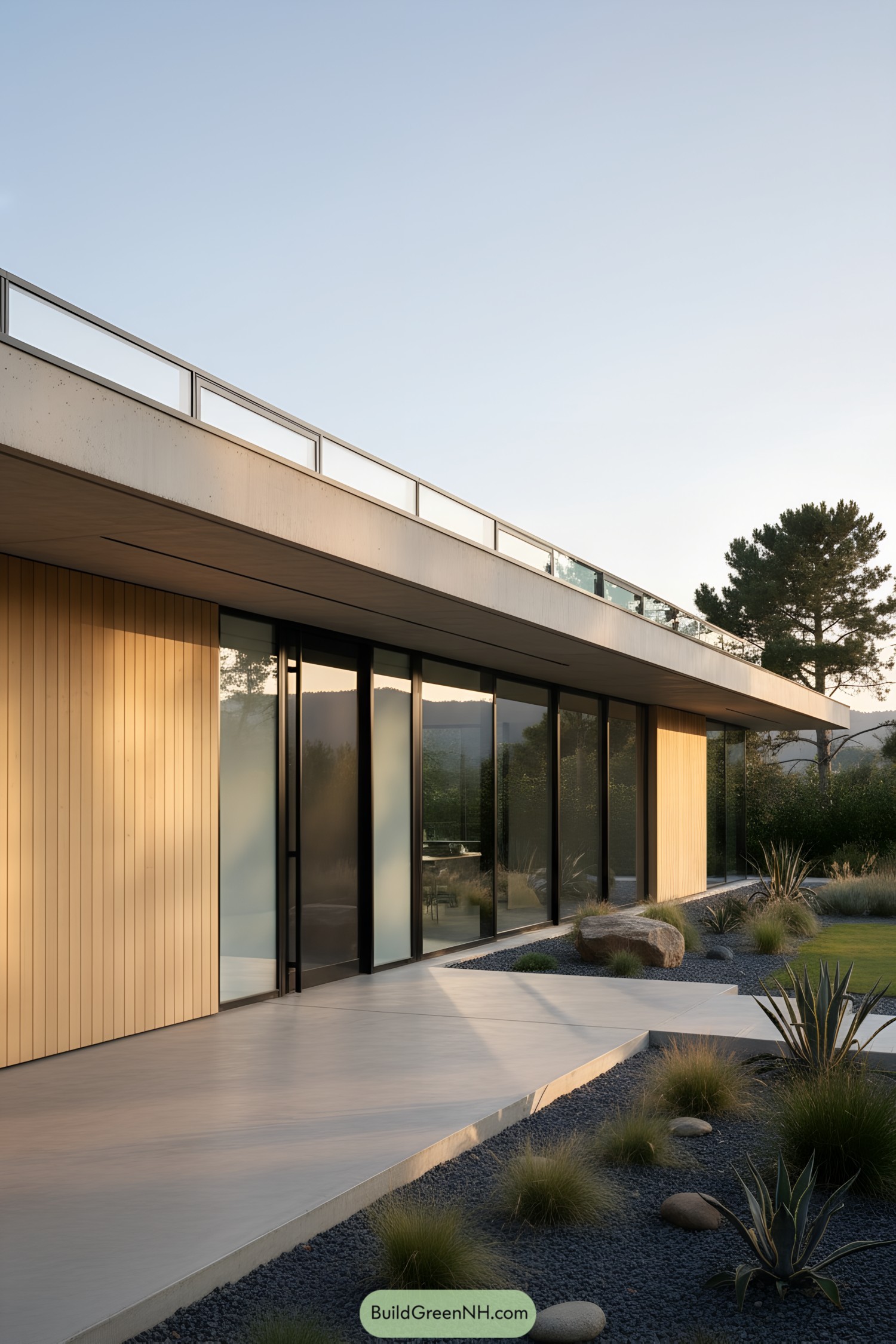 Low-slung concrete home with glass facade and xeriscape