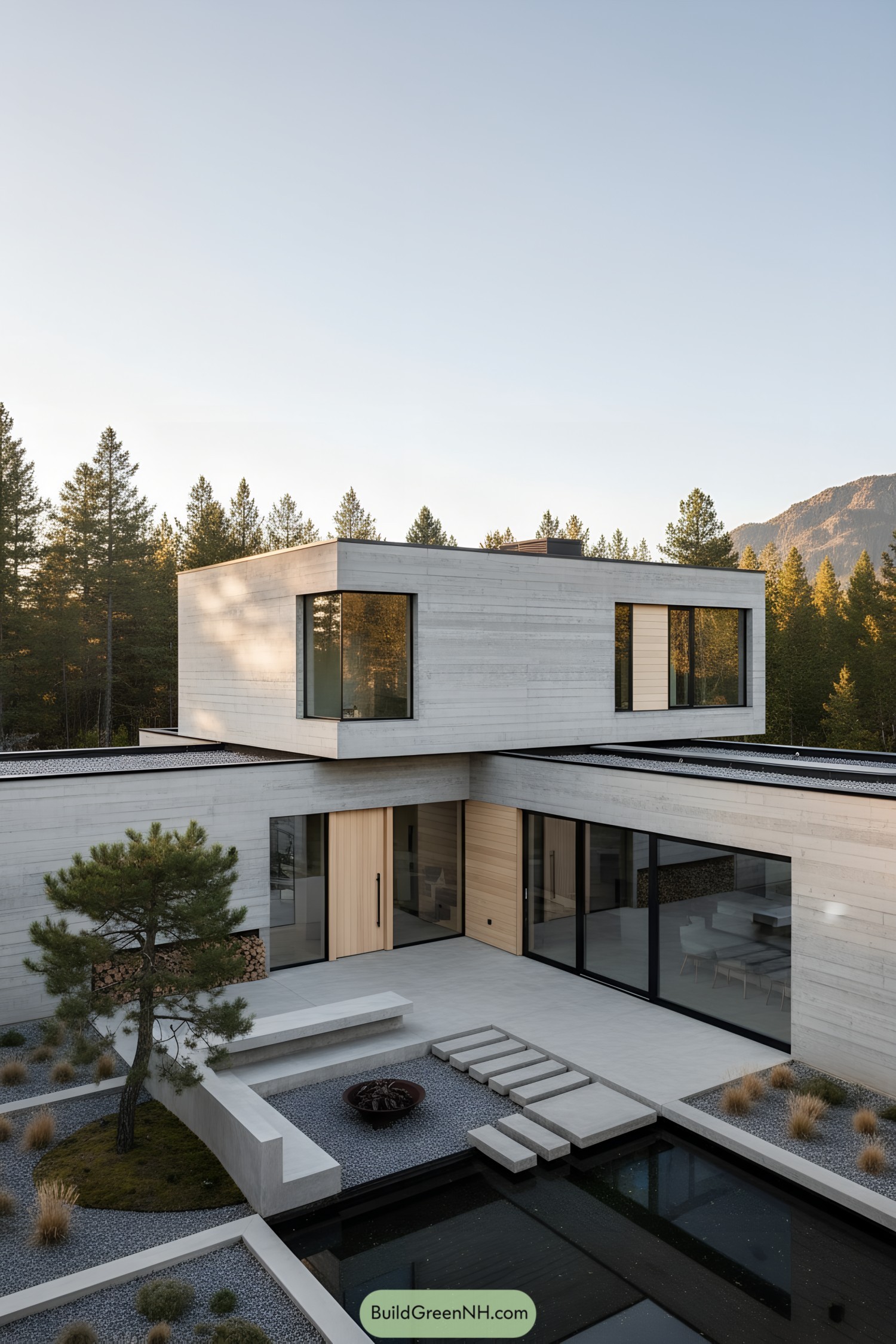 Concrete L-shaped home with upper volume, courtyard pond, and light wood accents