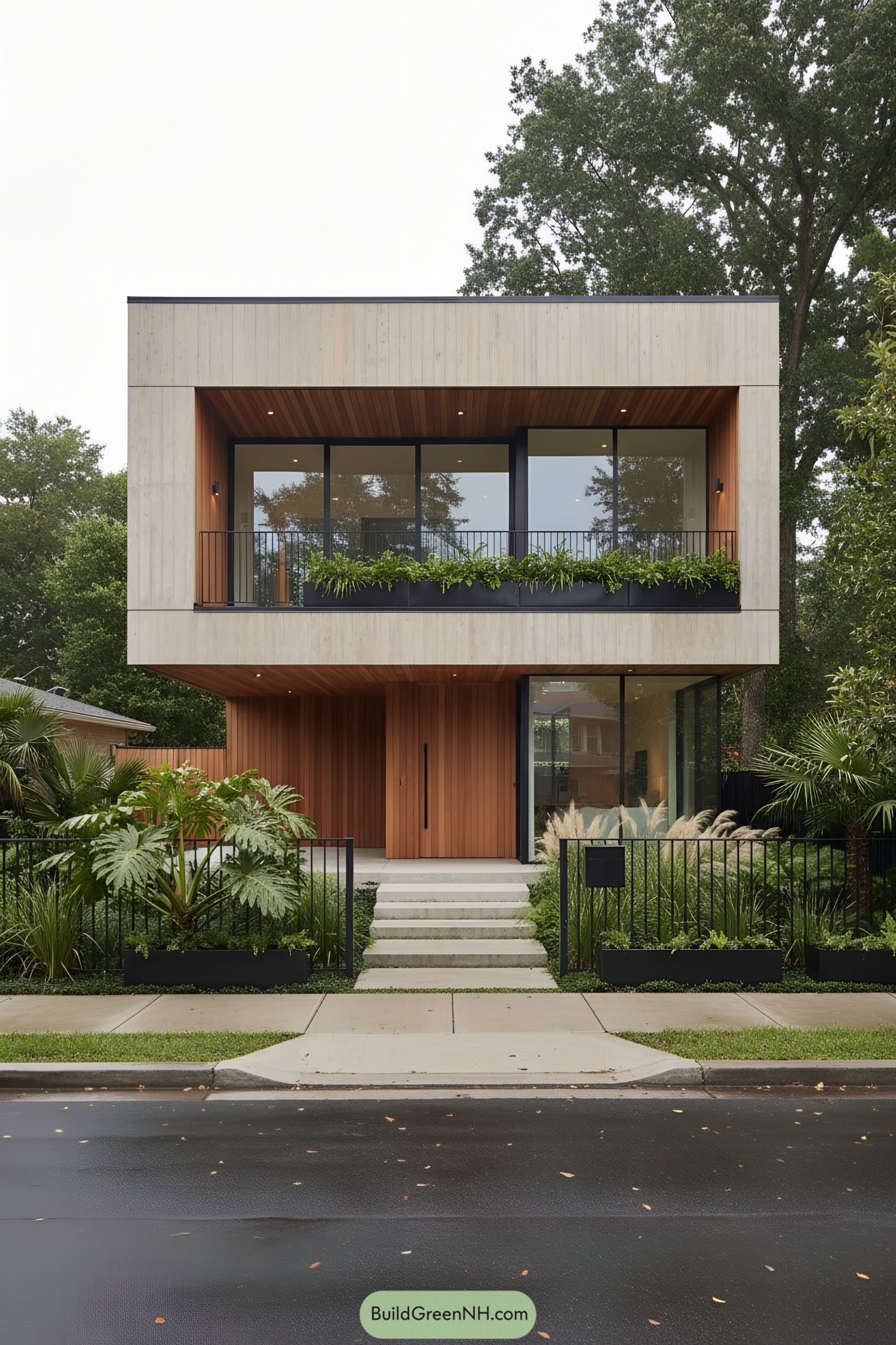 Two-story concrete box with wood infill, balcony planters, and full-height glazing