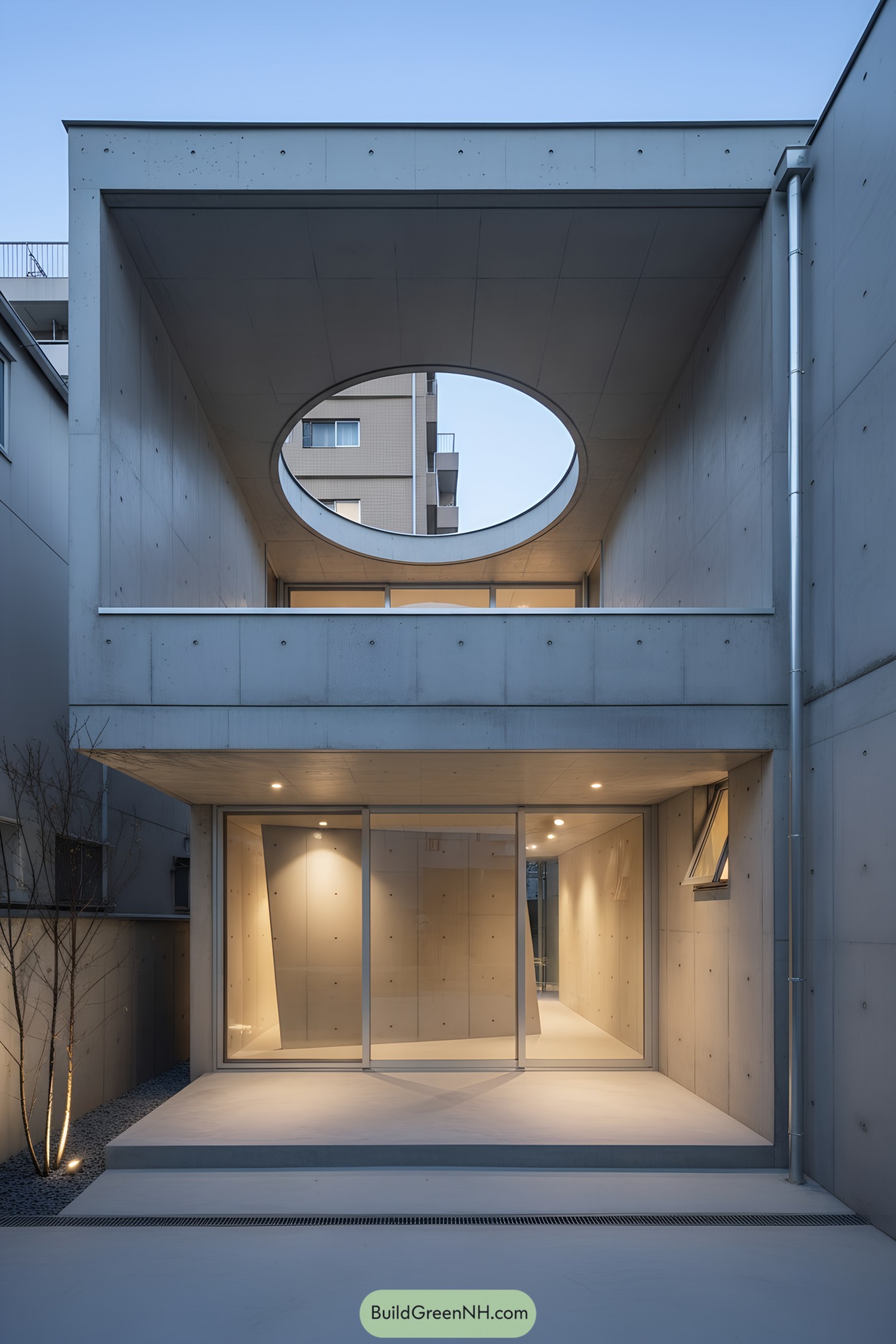 Concrete courtyard house with circular oculus