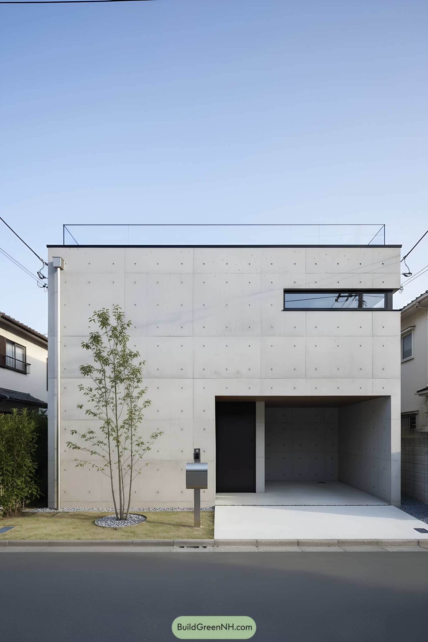 Minimalist concrete cube with carport and slit window