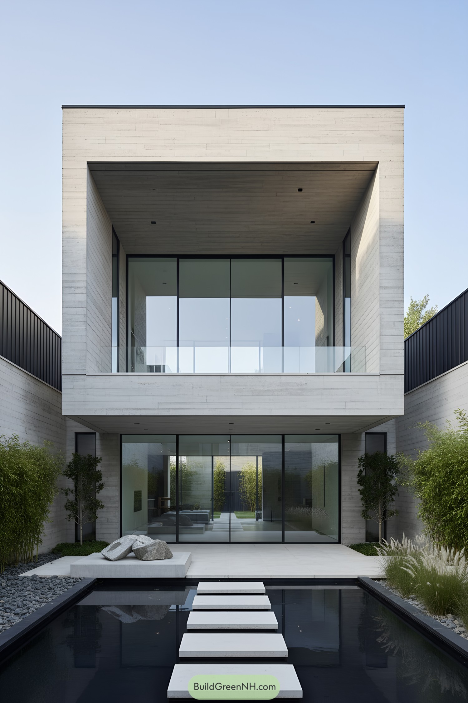 Minimalist concrete house with glass courtyard and reflecting pool