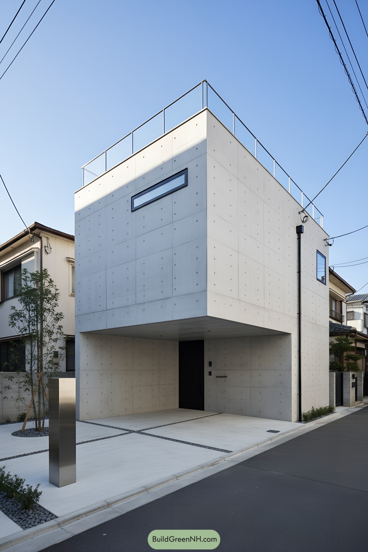 Minimalist concrete cube with carport and rooftop rail